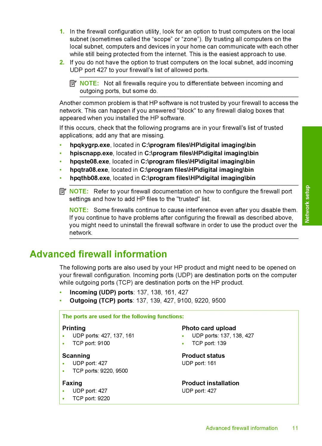 HP C309a manual Advanced firewall information, Incoming UDP ports 137, 138, 161, Printing Photo card upload 