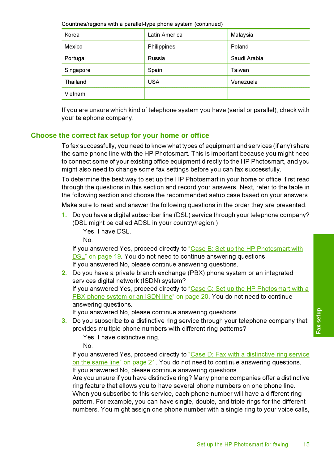 HP C309a manual Choose the correct fax setup for your home or office 