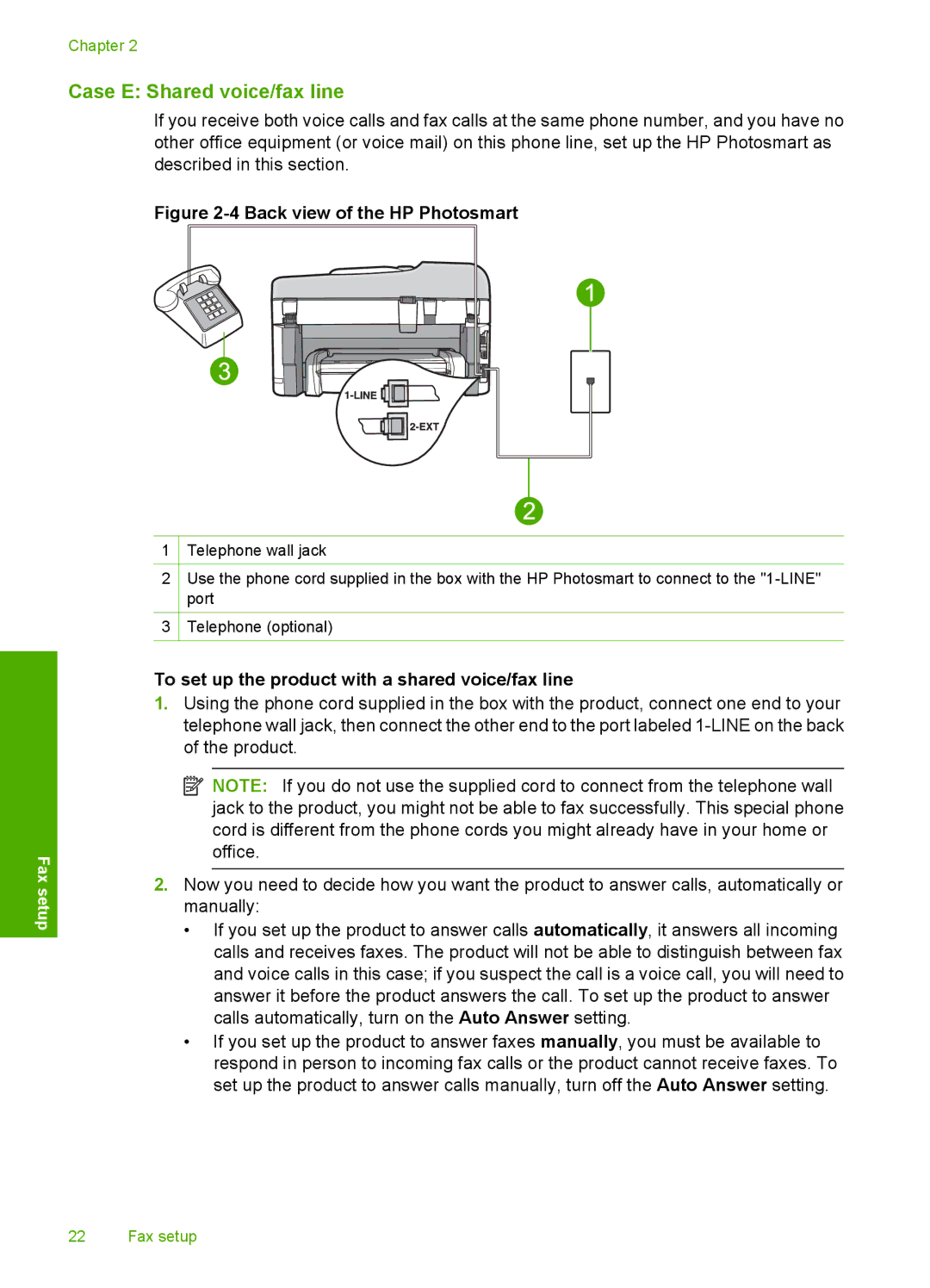 HP C309a manual Case E Shared voice/fax line, To set up the product with a shared voice/fax line 