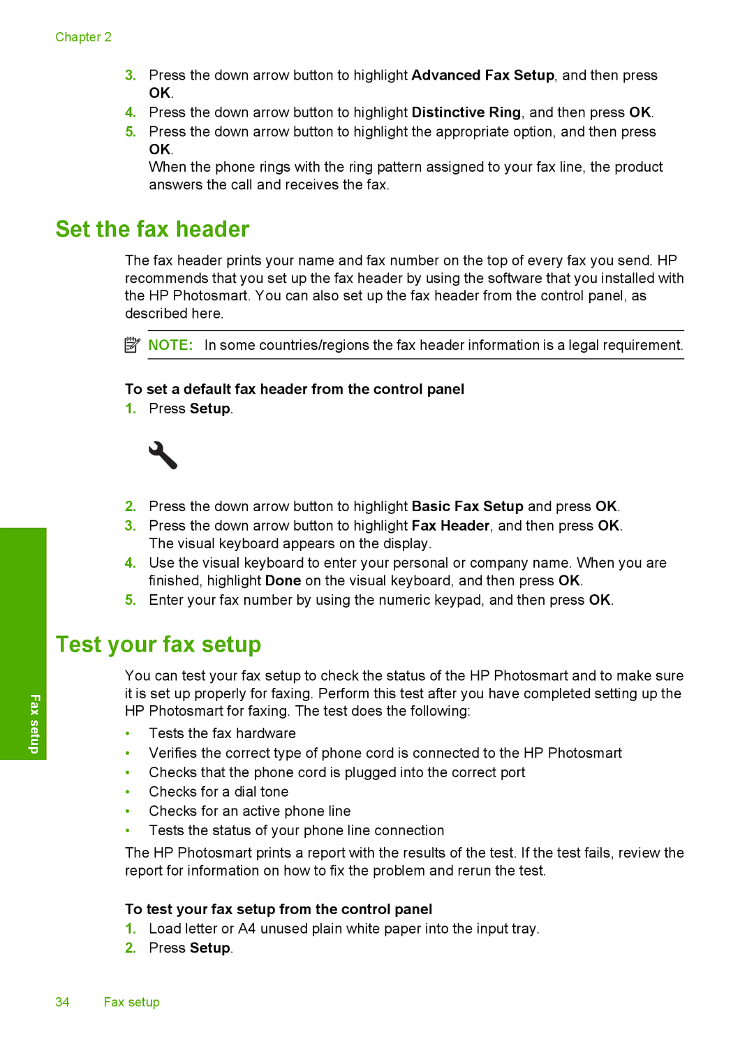 HP C309a manual Set the fax header, Test your fax setup, To set a default fax header from the control panel 