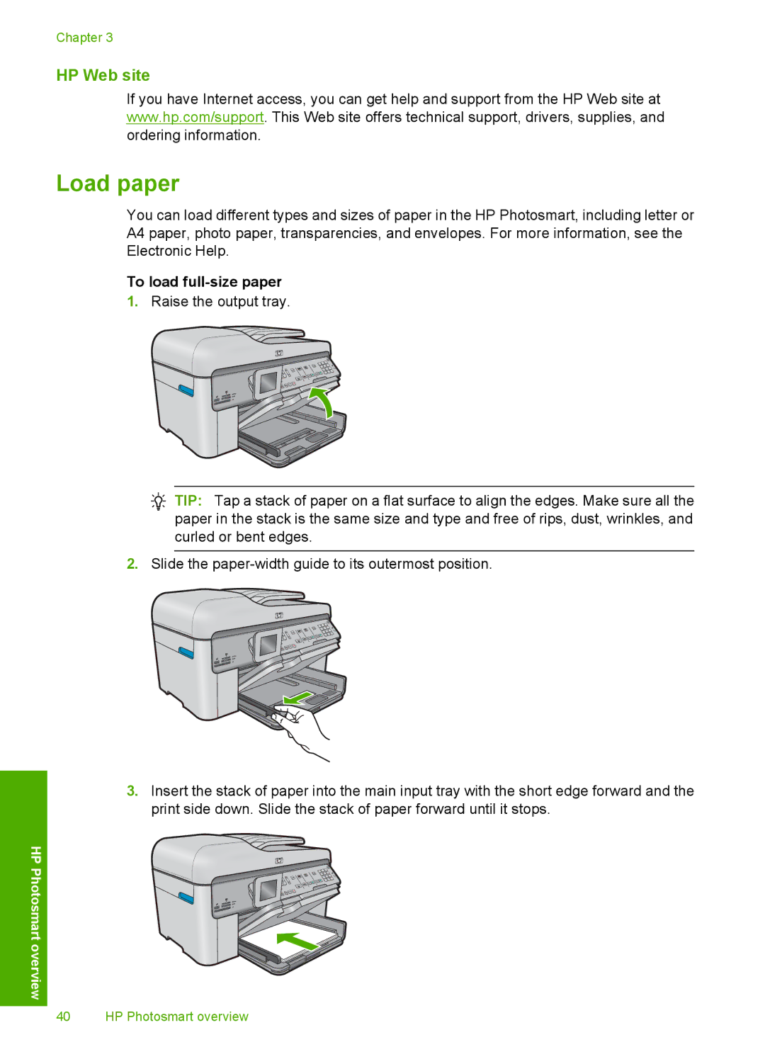 HP C309a manual Load paper, HP Web site, To load full-size paper 