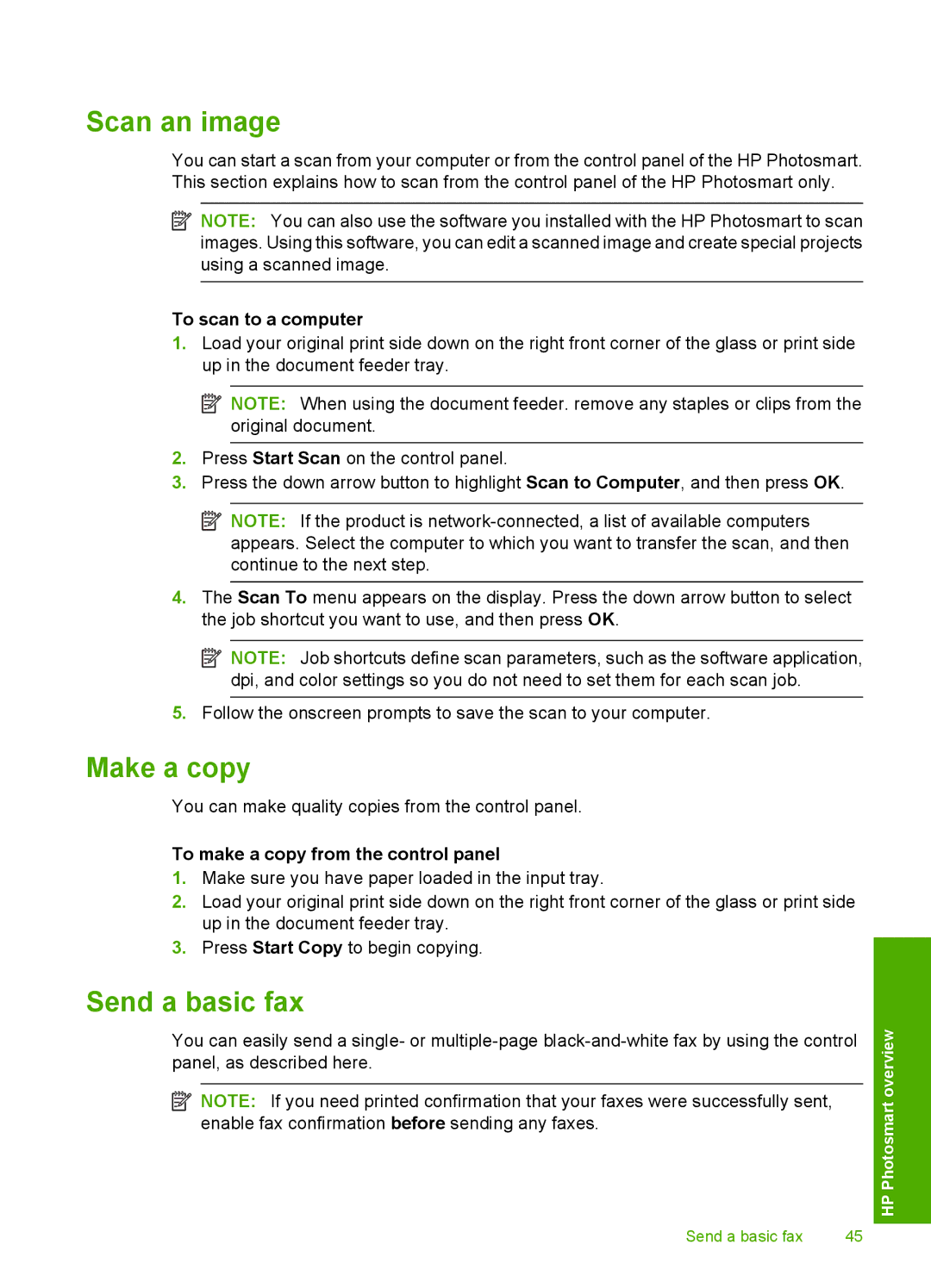 HP C309a manual Scan an image, Make a copy, Send a basic fax, To scan to a computer, To make a copy from the control panel 