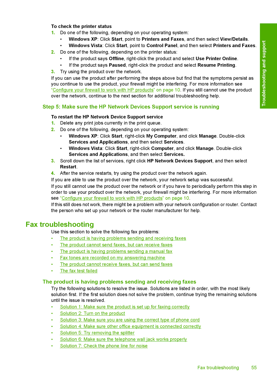 HP C309a Fax troubleshooting, Make sure the HP Network Devices Support service is running, To check the printer status 