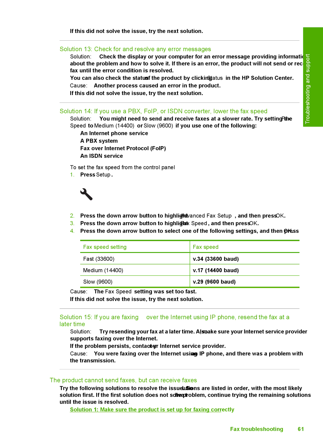 HP C309a manual Solution 13 Check for and resolve any error messages, Product cannot send faxes, but can receive faxes 