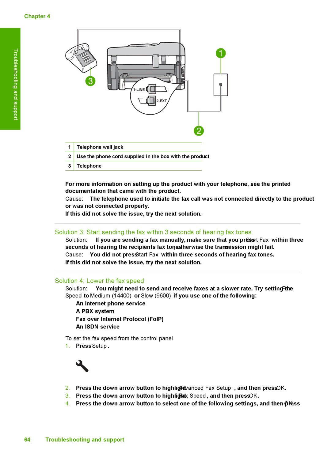 HP C309a manual Solution 4 Lower the fax speed, To set the fax speed from the control panel 