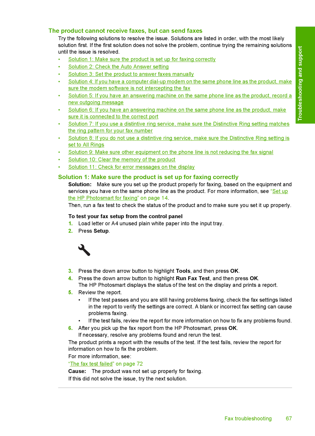 HP C309a manual Product cannot receive faxes, but can send faxes, To test your fax setup from the control panel 