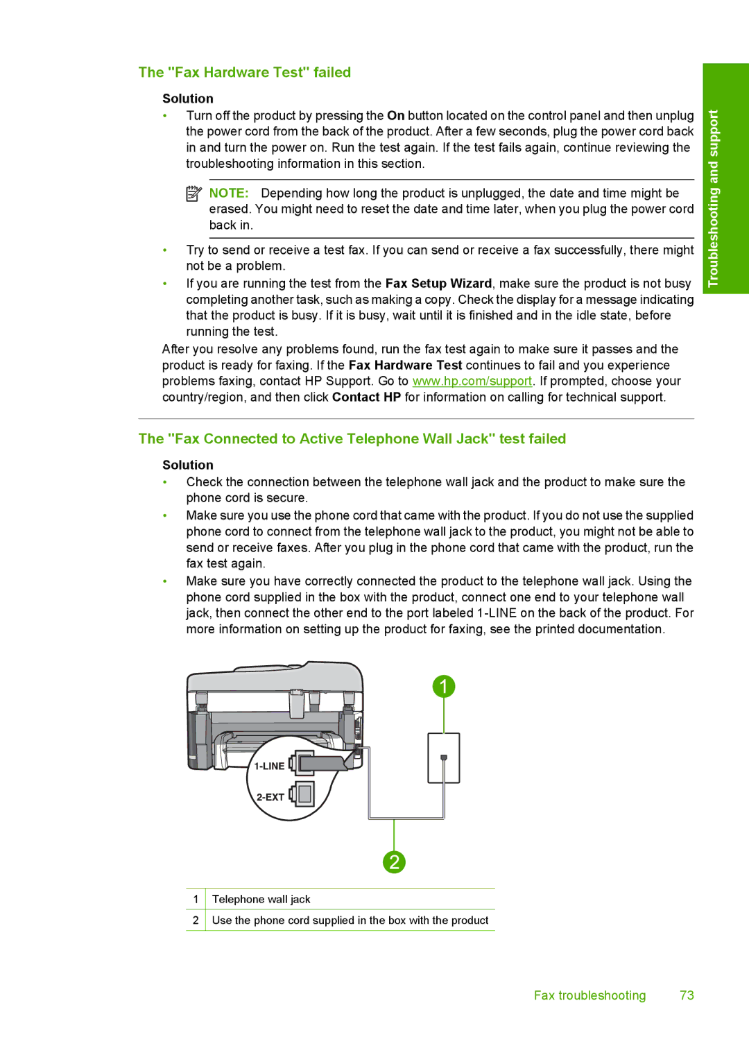 HP C309a manual Fax Hardware Test failed, Fax Connected to Active Telephone Wall Jack test failed 