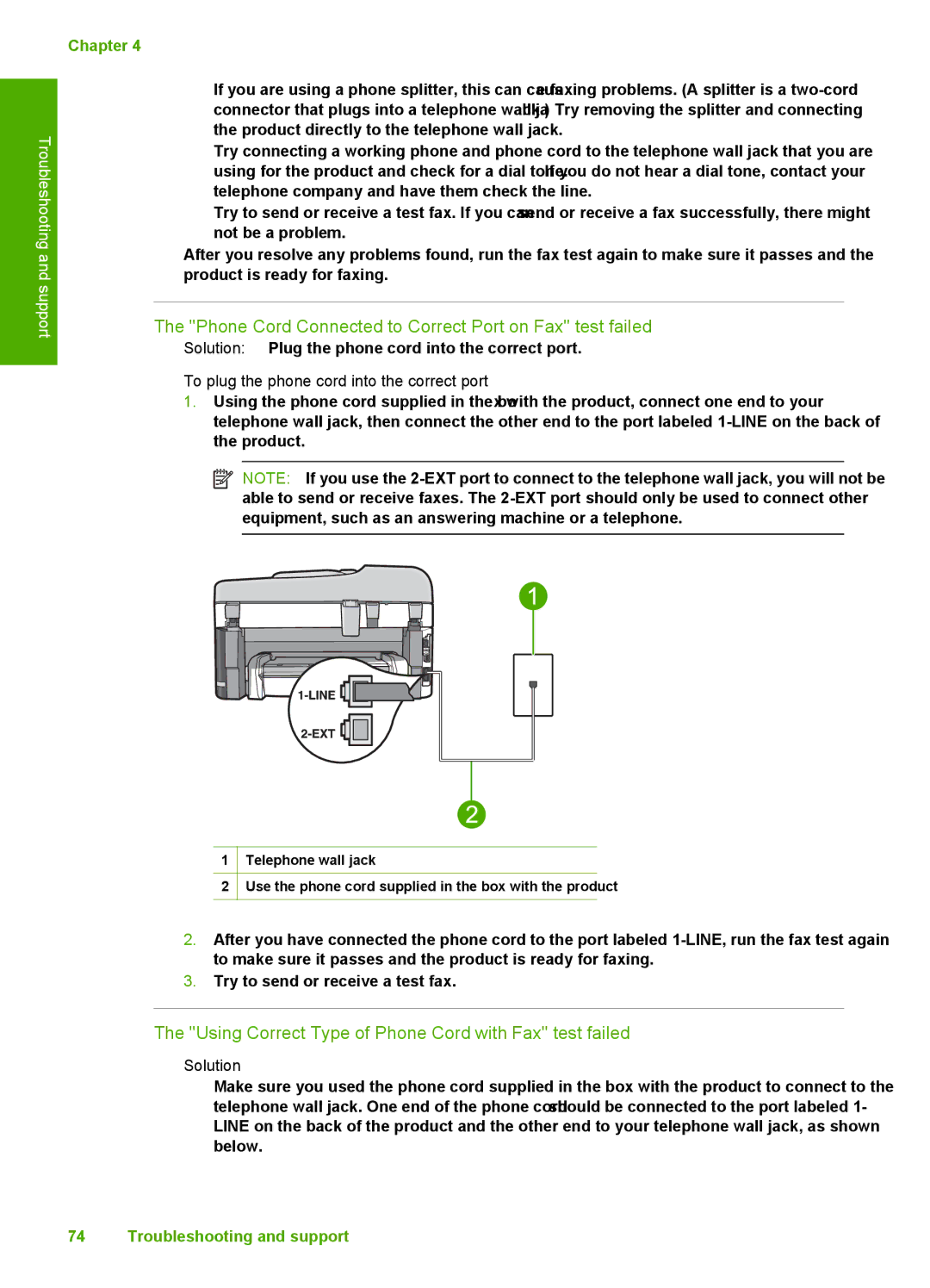 HP C309a Phone Cord Connected to Correct Port on Fax test failed, Using Correct Type of Phone Cord with Fax test failed 