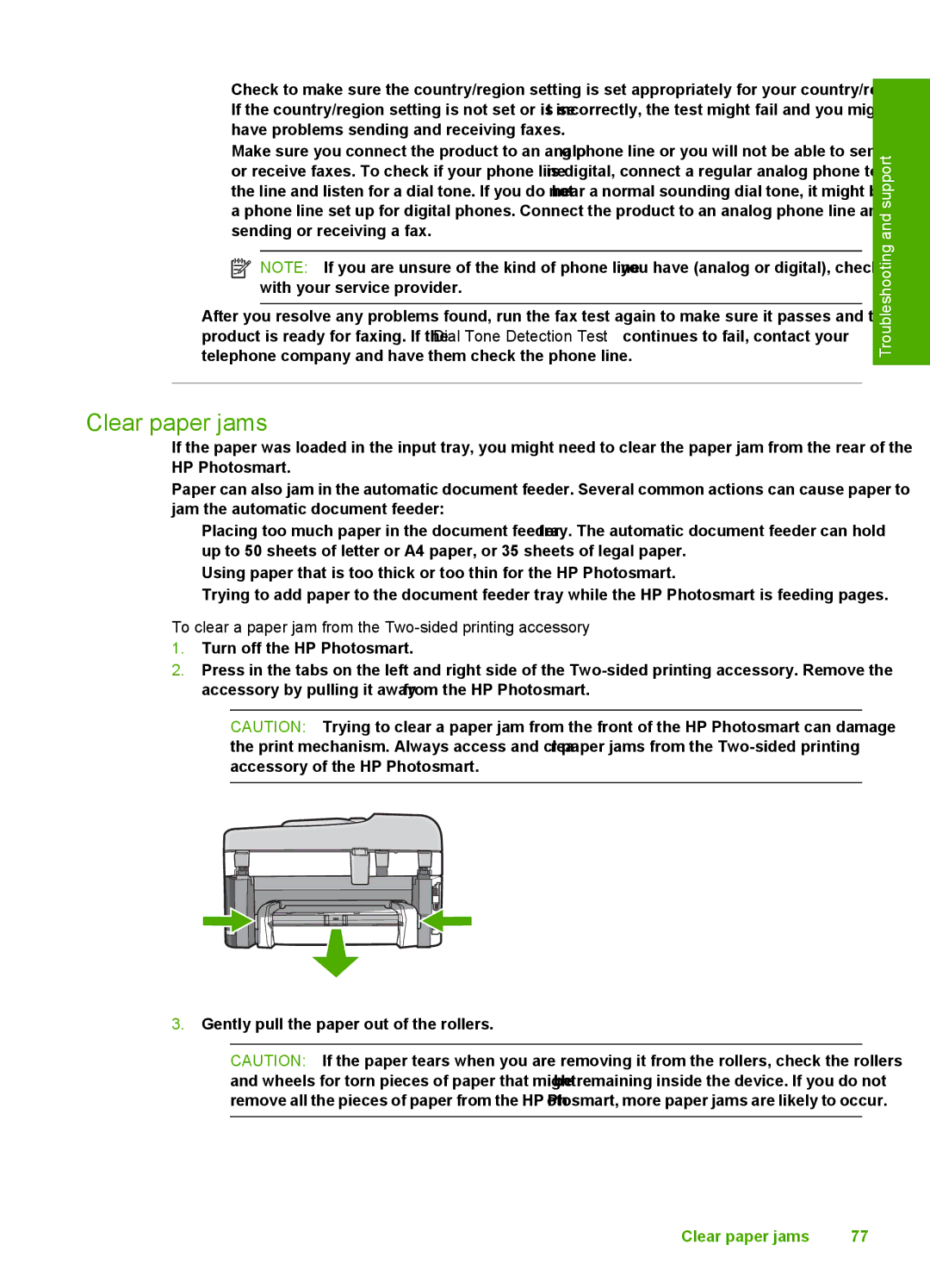 HP C309a manual Clear paper jams, To clear a paper jam from the Two-sided printing accessory 