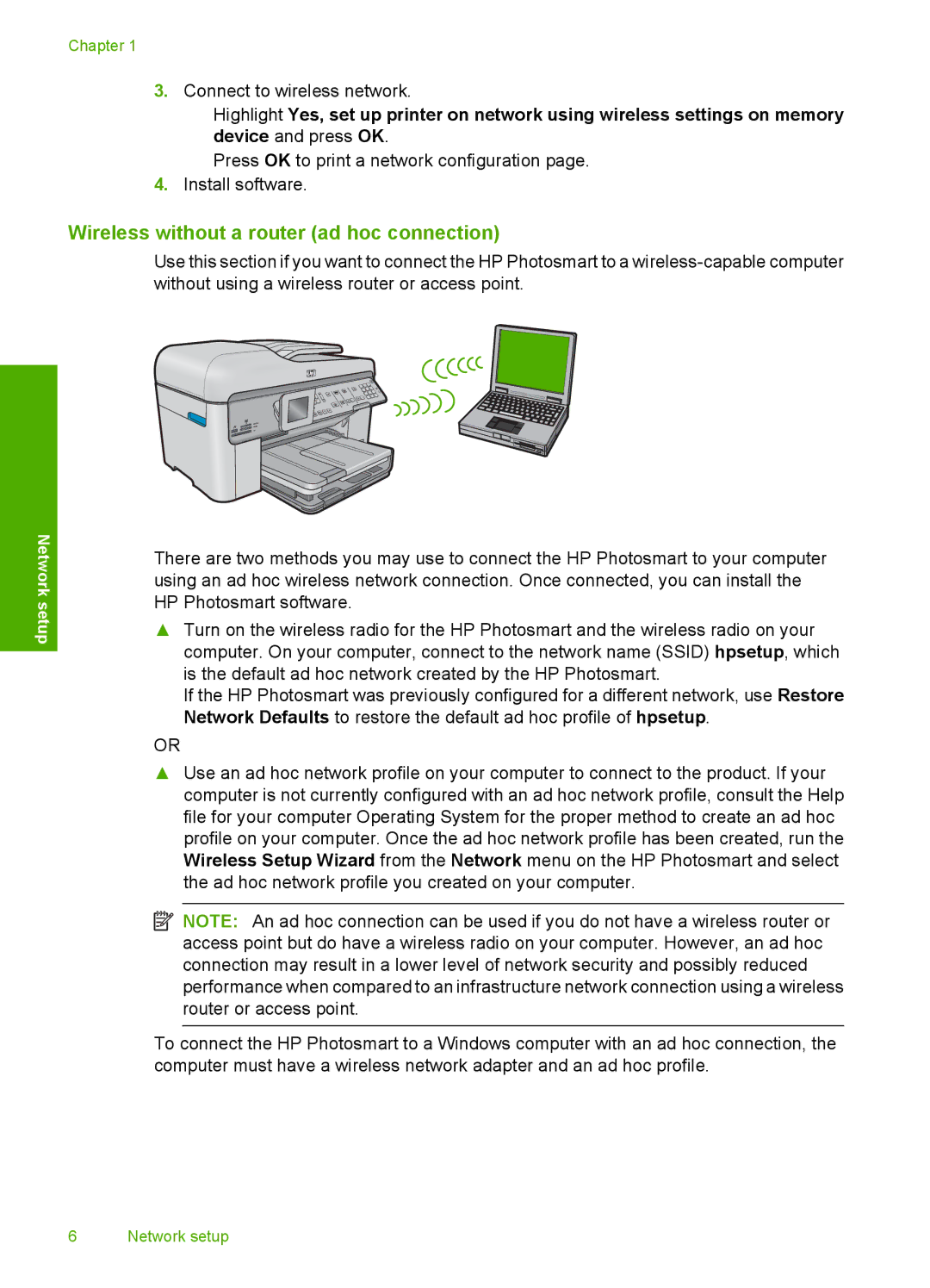 HP C309a manual Wireless without a router ad hoc connection 