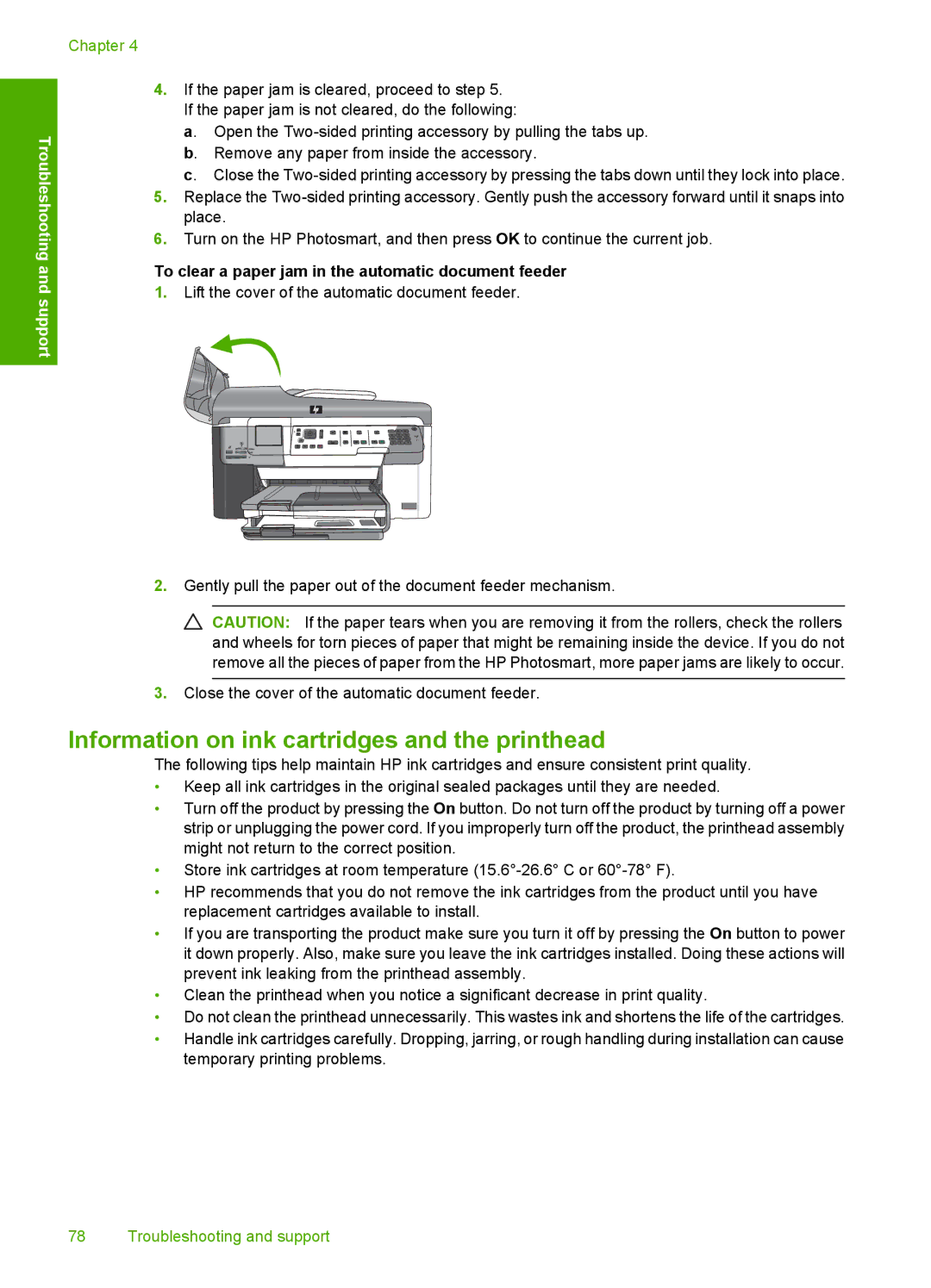 HP C309a manual Information on ink cartridges and the printhead, To clear a paper jam in the automatic document feeder 