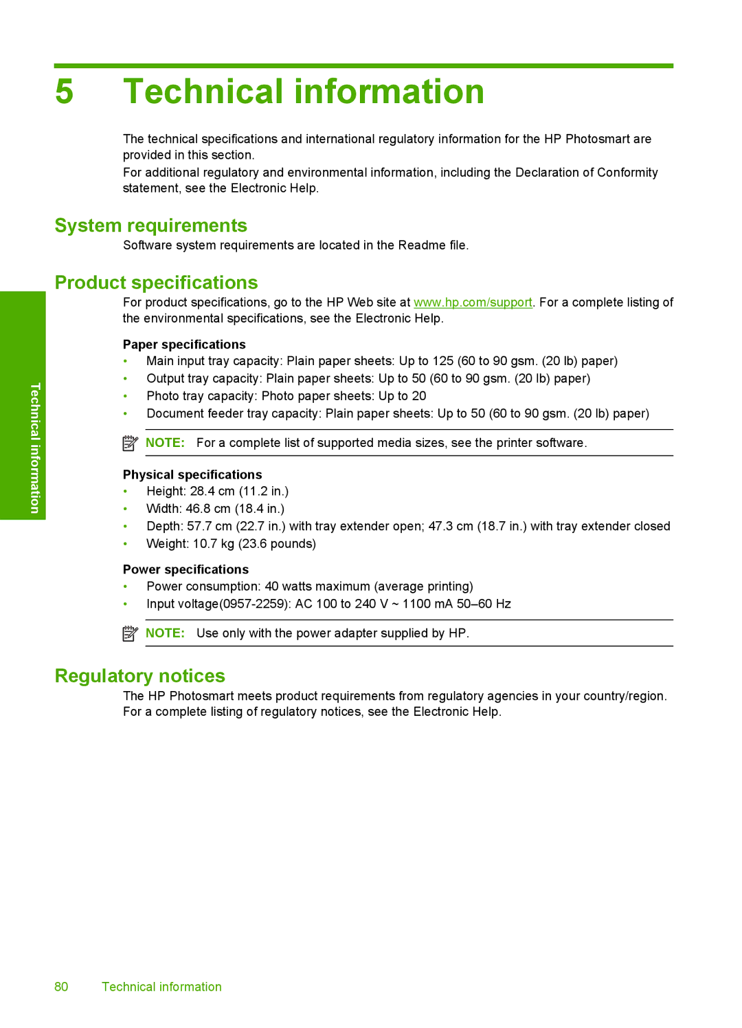 HP C309a manual System requirements, Product specifications, Regulatory notices 