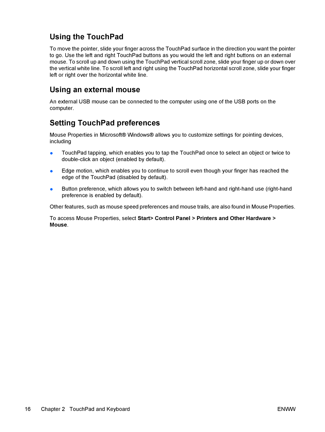HP C318LA, C310EA, C305LA, C310EU, C303NR, C300EU Using the TouchPad, Using an external mouse, Setting TouchPad preferences 