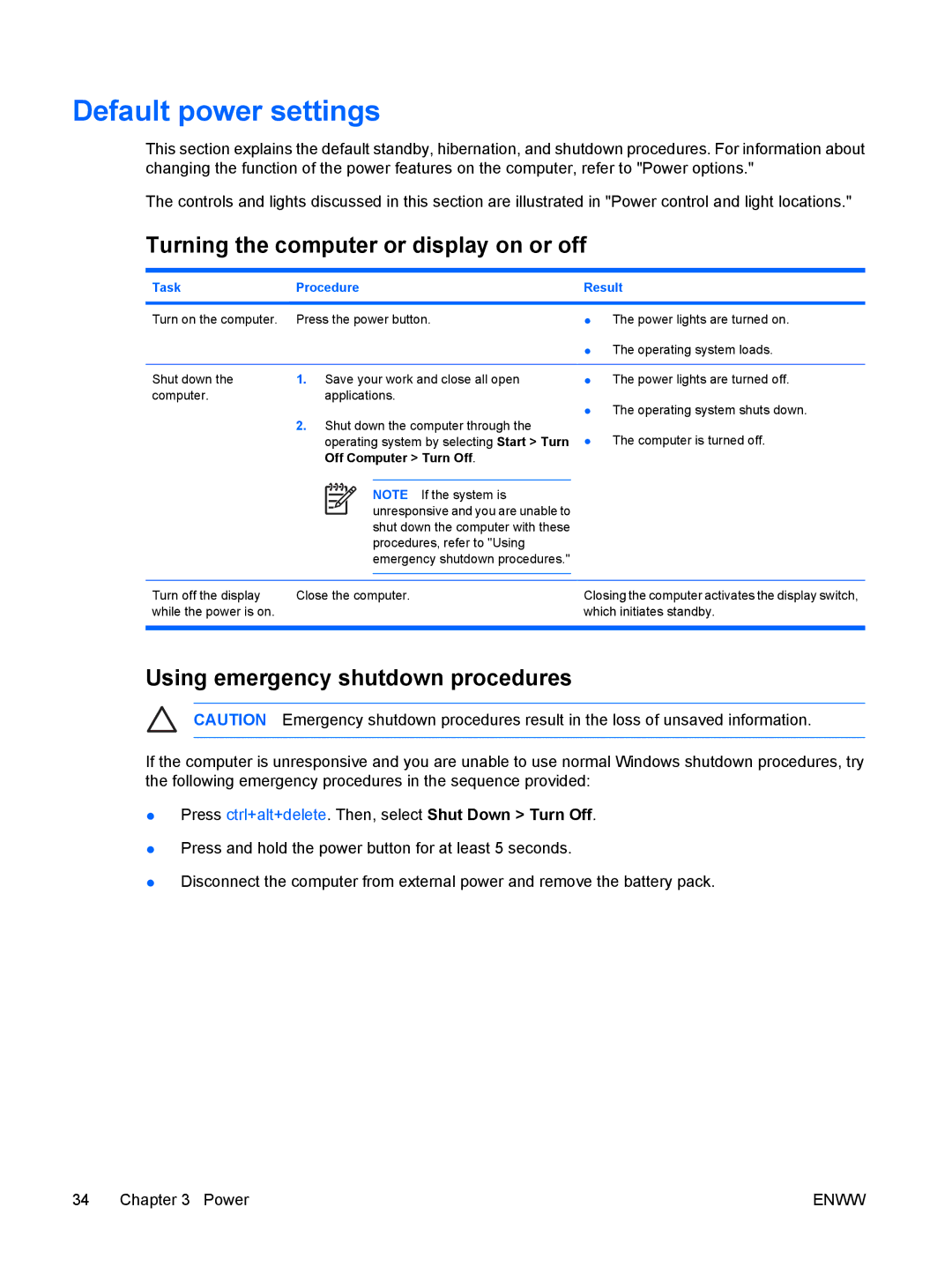 HP C305LA, C310EA Default power settings, Turning the computer or display on or off, Using emergency shutdown procedures 