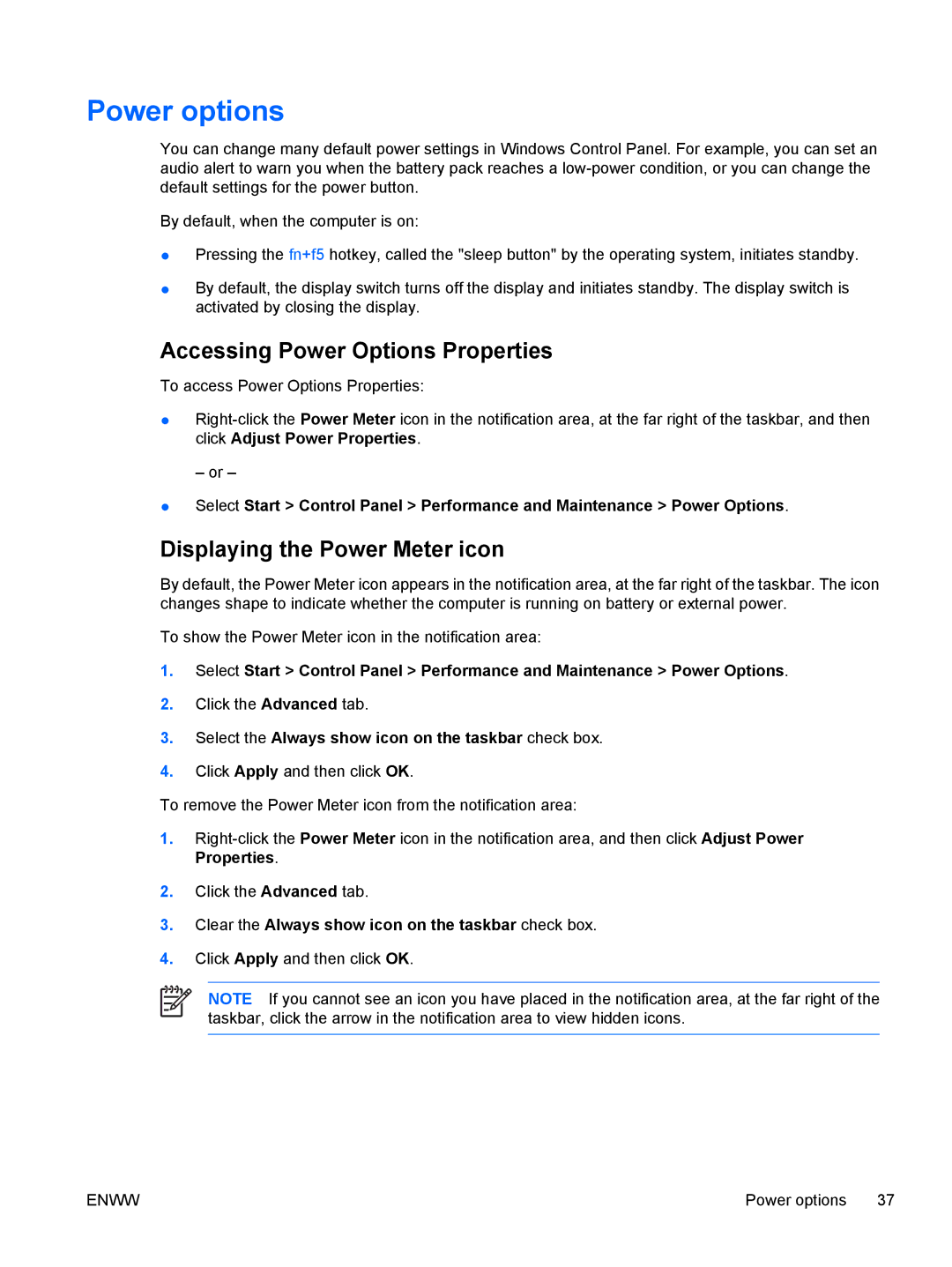 HP C300EU, C310EA, C305LA, C310EU, C303NR Power options, Accessing Power Options Properties, Displaying the Power Meter icon 