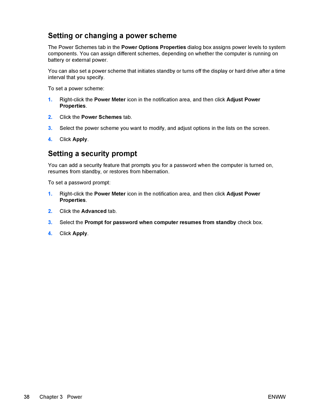 HP C304NR, C310EA, C305LA, C310EU, C303NR, C300EU, C301NR, C302NR Setting or changing a power scheme, Setting a security prompt 