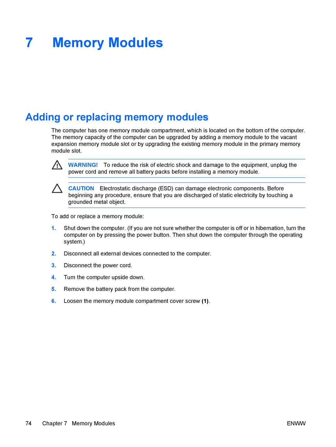 HP C310EU, C310EA, C305LA, C303NR, C300EU, C304NR, C301NR, C302NR, C318LA manual Memory Modules, Adding or replacing memory modules 