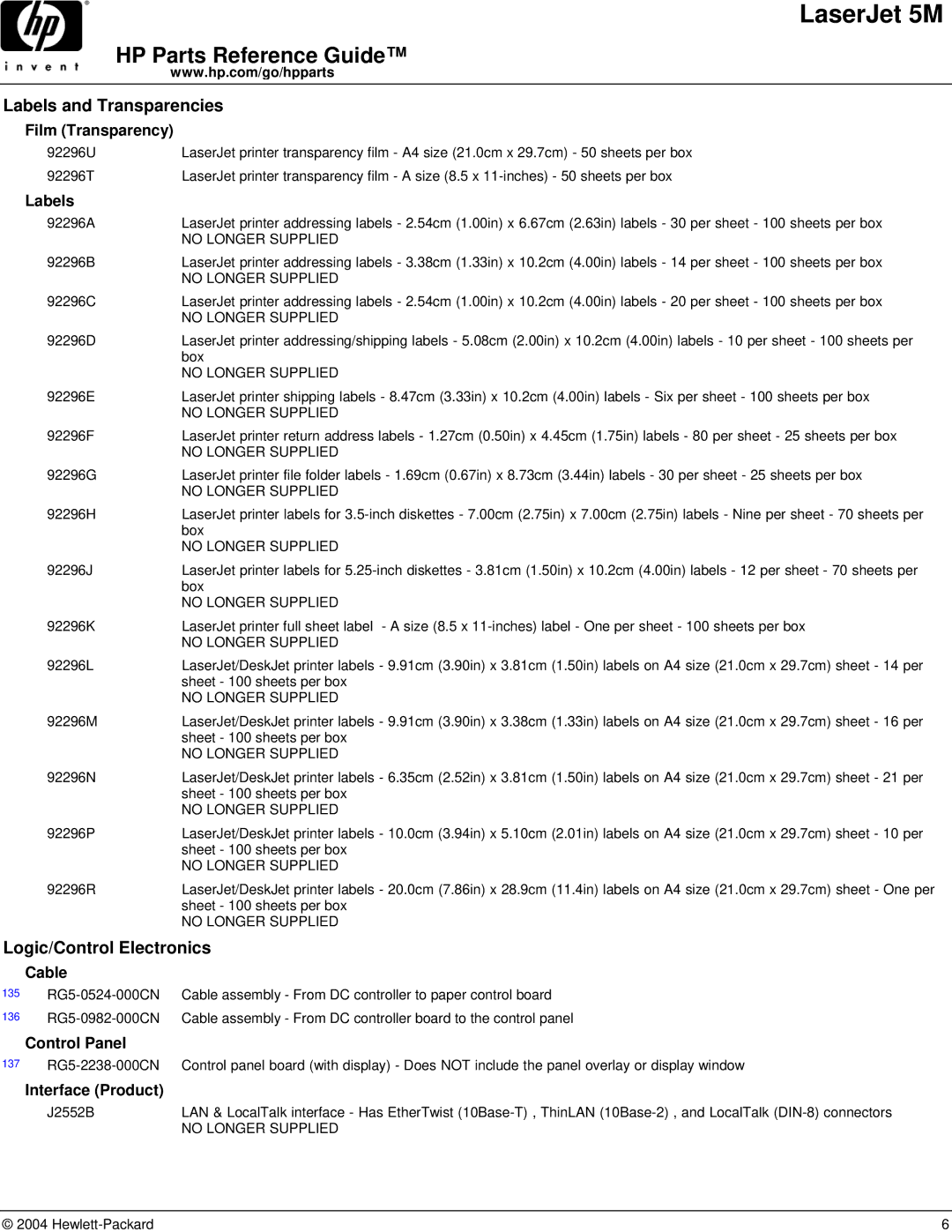 HP C3132A manual Labels and Transparencies, Logic/Control Electronics 