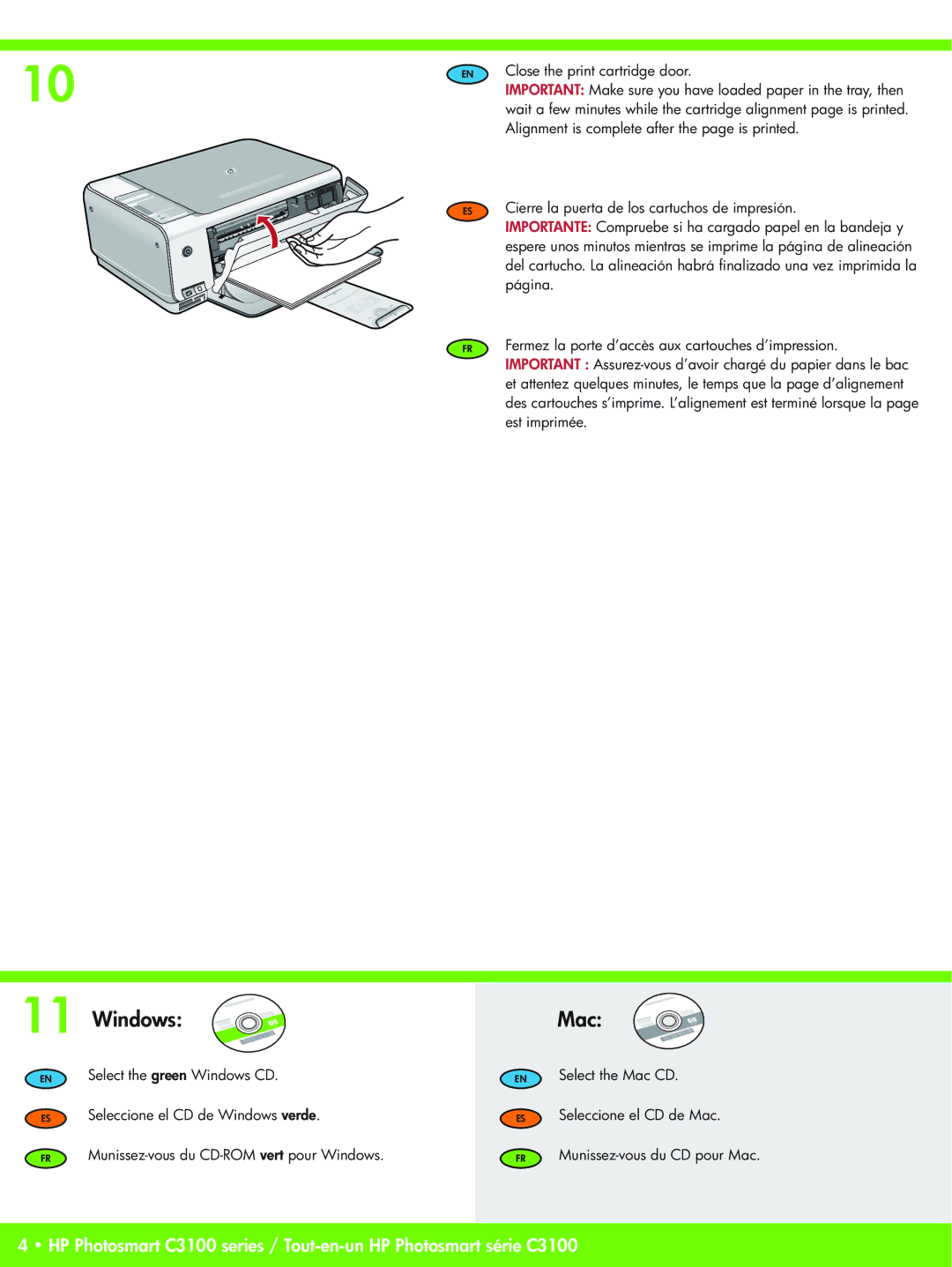 HP C3140, C3183, C3180, C3135, C3150, C3125 manual Mac, Select the green Windows CD, Seleccione el CD de Windows verde 