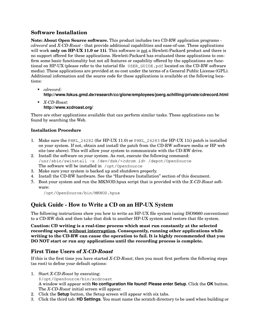 HP c3650 Quick Guide How to Write a CD on an HP-UX System, Software Installation, First Time Users of X-CD-Roast, Cdrecord 