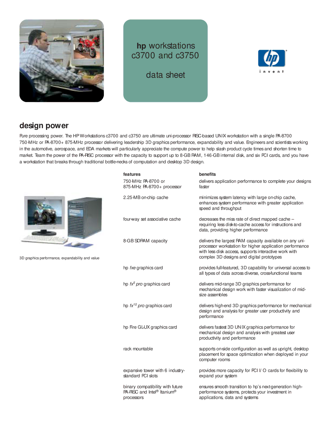 HP c3700 manual Hp workstations C3700 and c3750 Data sheet Design power, Features, Benefits 