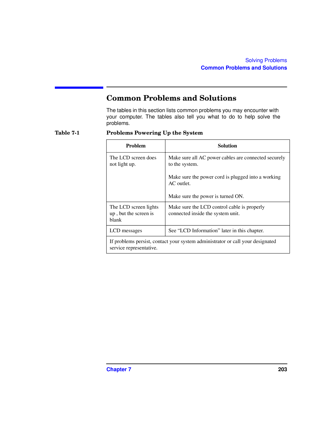 HP c3700 manual Common Problems and Solutions, Problems Powering Up the System, Problem Solution 