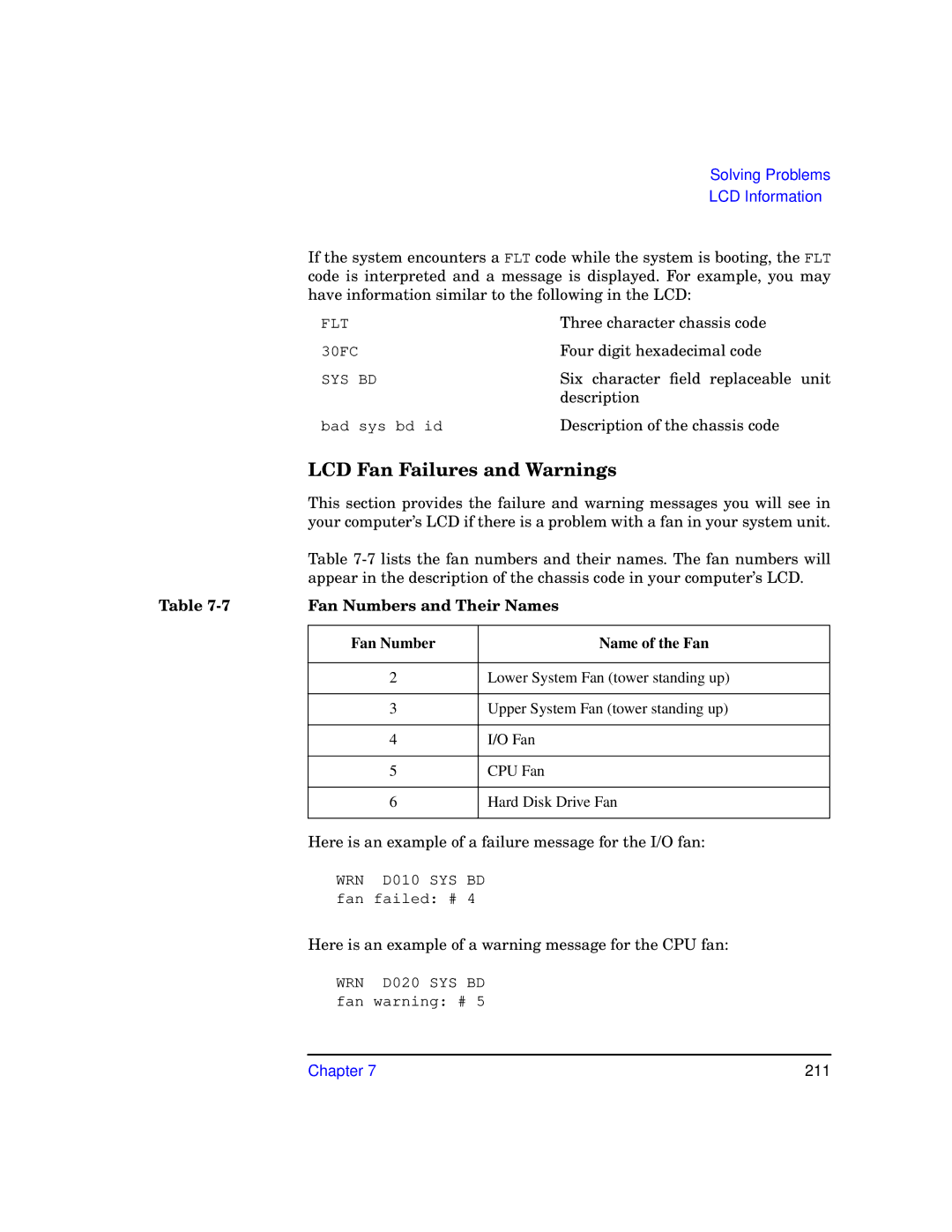 HP c3700 manual LCD Fan Failures and Warnings, Fan Numbers and Their Names, Fan Number Name of the Fan 