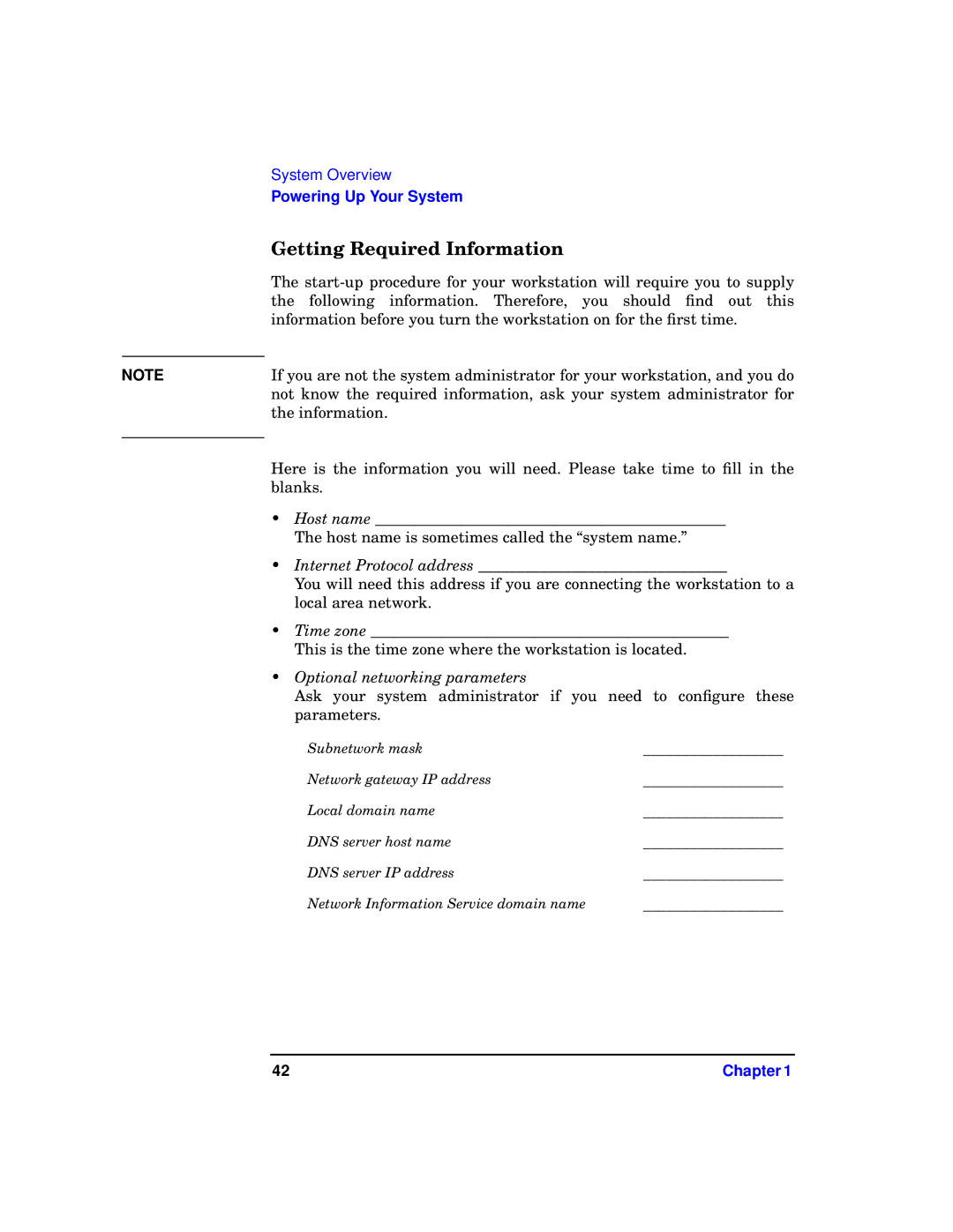 HP c3700 manual Getting Required Information, Optional networking parameters 