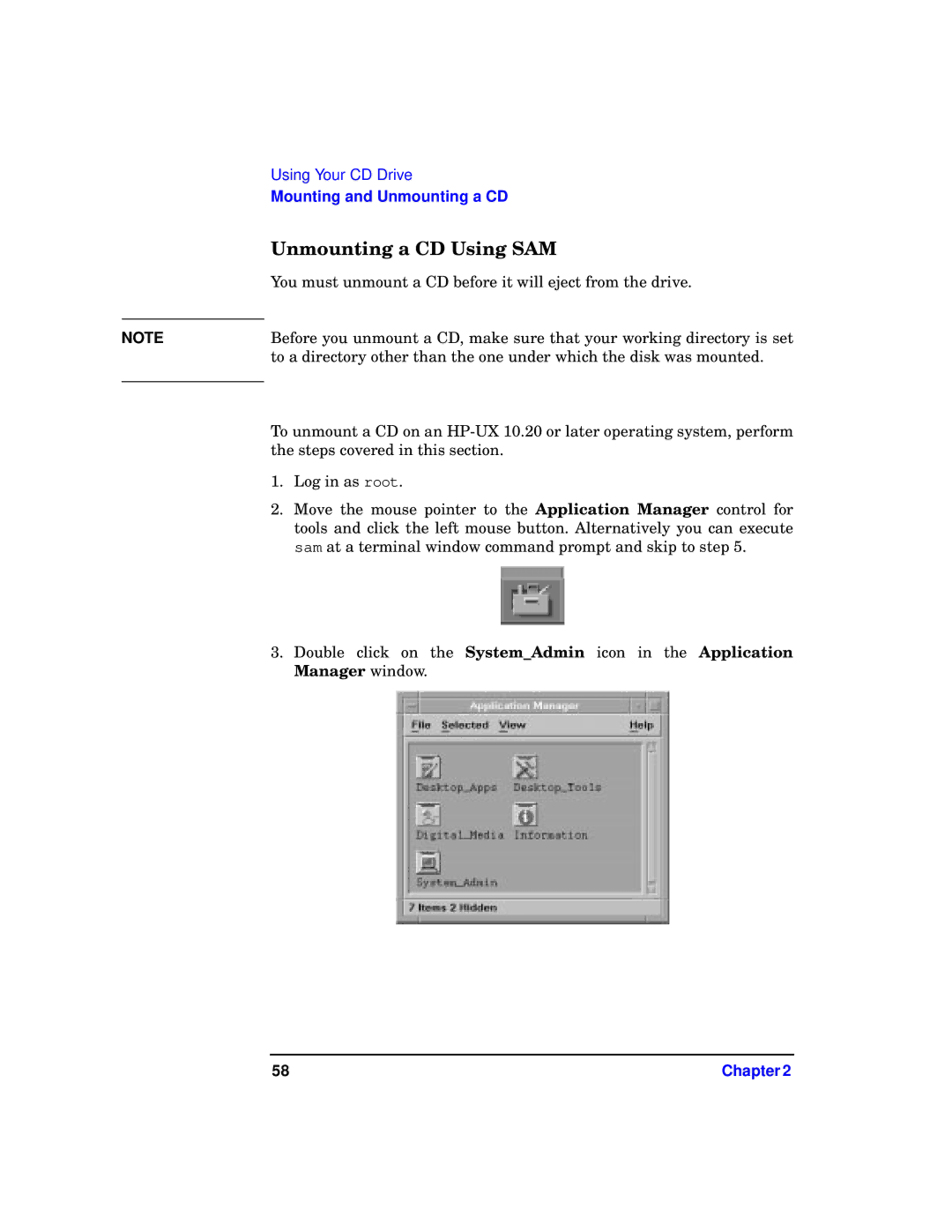 HP c3700 manual Unmounting a CD Using SAM 