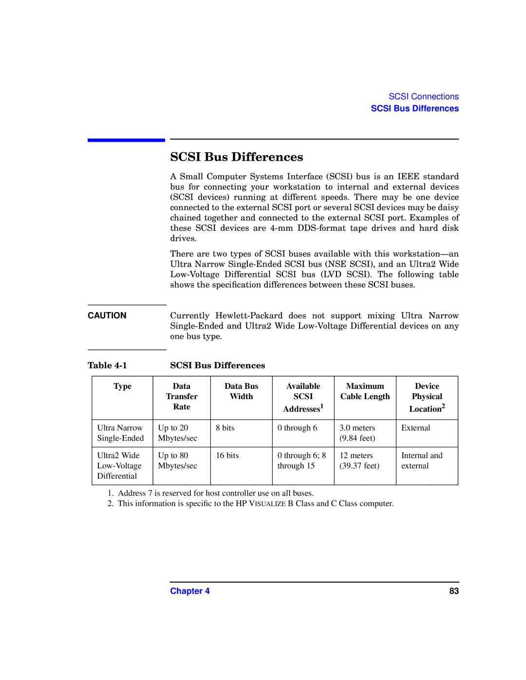 HP c3700 manual Scsi Bus Differences, Cable Length Physical Rate Addresses Location 