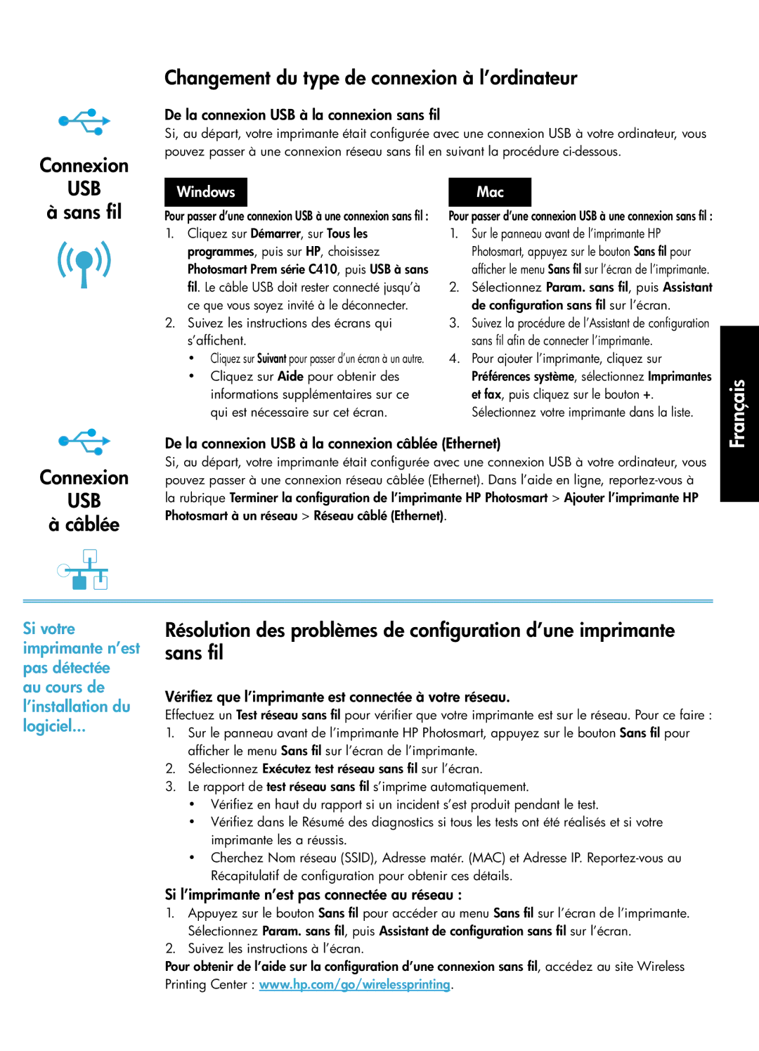 HP C410a Configuration et utilisation d’une imprimante en réseau, Changement du type de connexion à l’ordinateur, Sans fil 