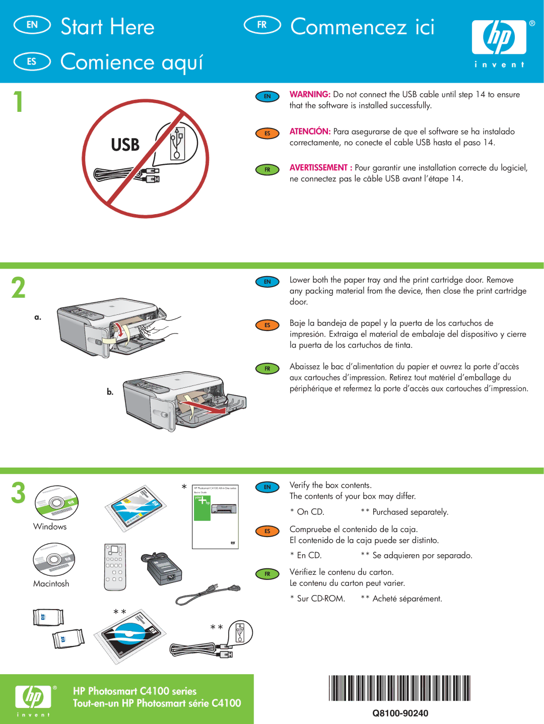 HP C4180, C4150, C4140 manual EN Start Here FR ES Comience aquí, Windows Macintosh 