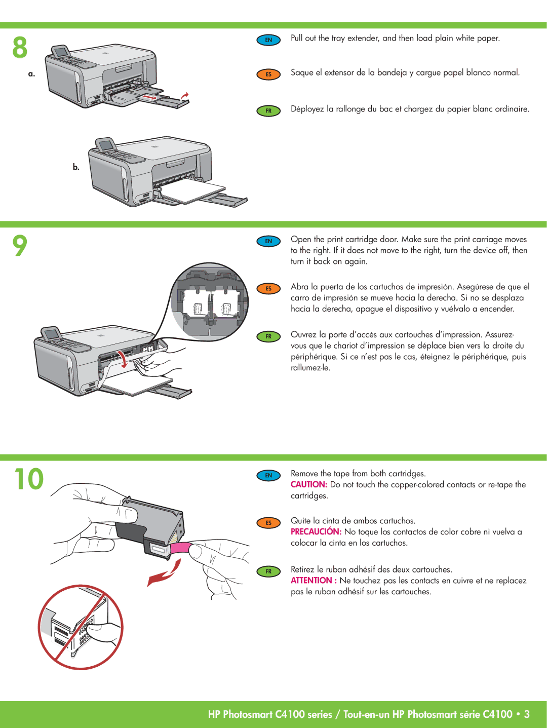 HP C4150 manual Pull out the tray extender, and then load plain white paper, Turn it back on again, Rallumez-le, Cartridges 