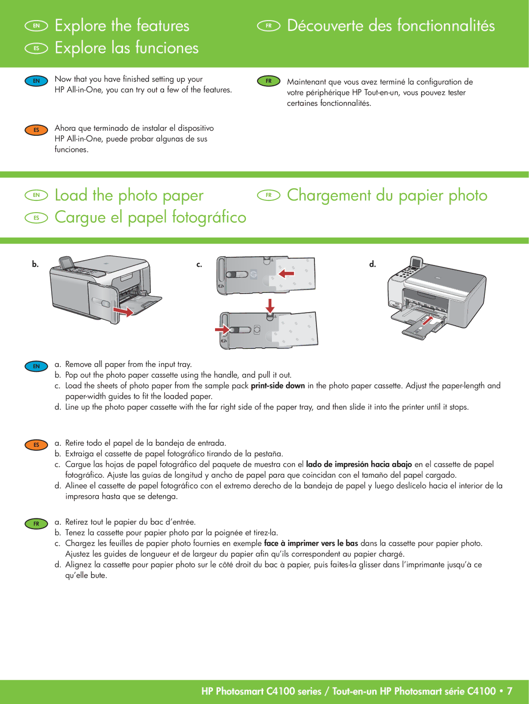 HP C4180 Remove all paper from the input tray, Paper-width guides to ﬁt the loaded paper, Impresora hasta que se detenga 