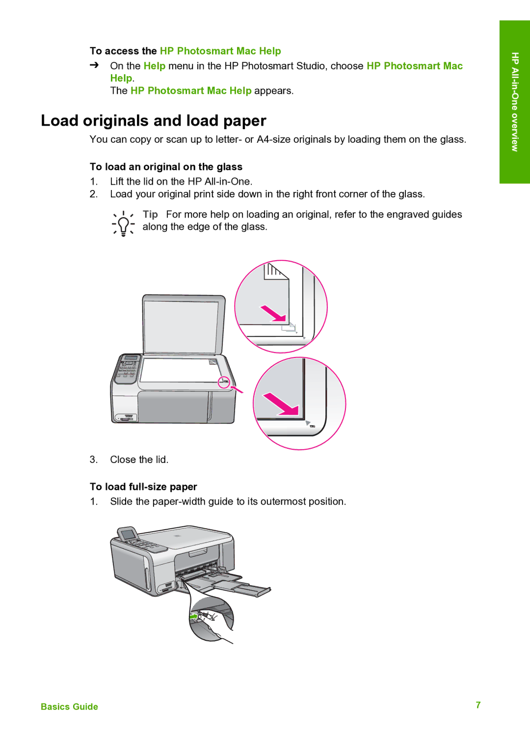 HP C4180, C4150, C4140 manual Load originals and load paper, To load an original on the glass, To load full-size paper 