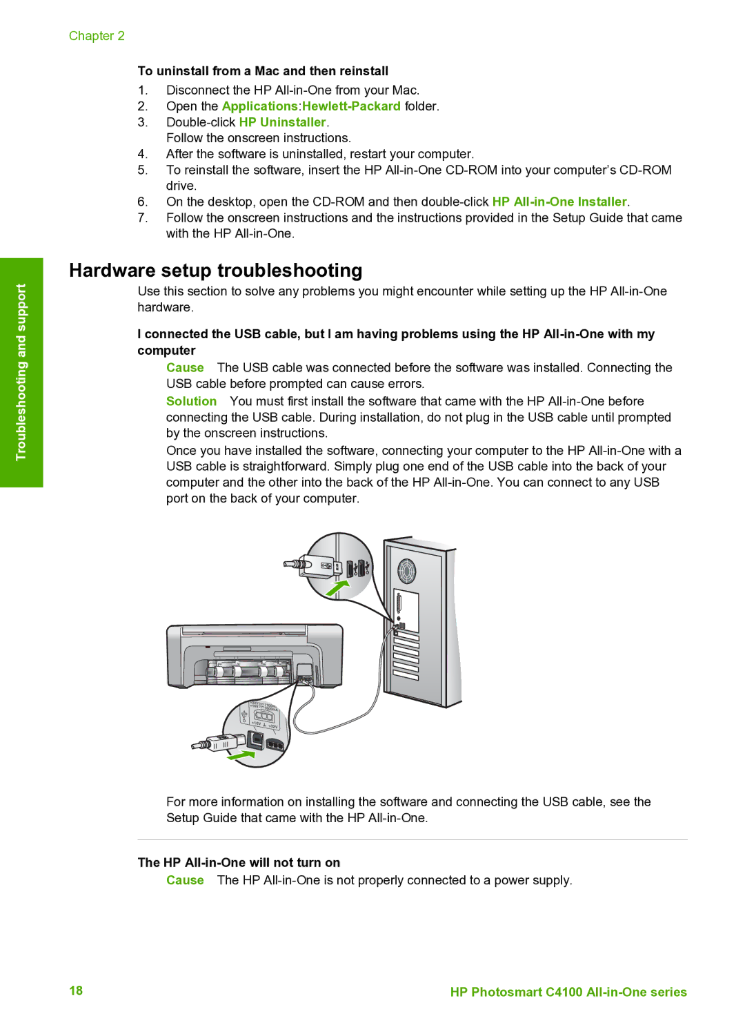 HP C4150, C4180 Hardware setup troubleshooting, To uninstall from a Mac and then reinstall, HP All-in-One will not turn on 