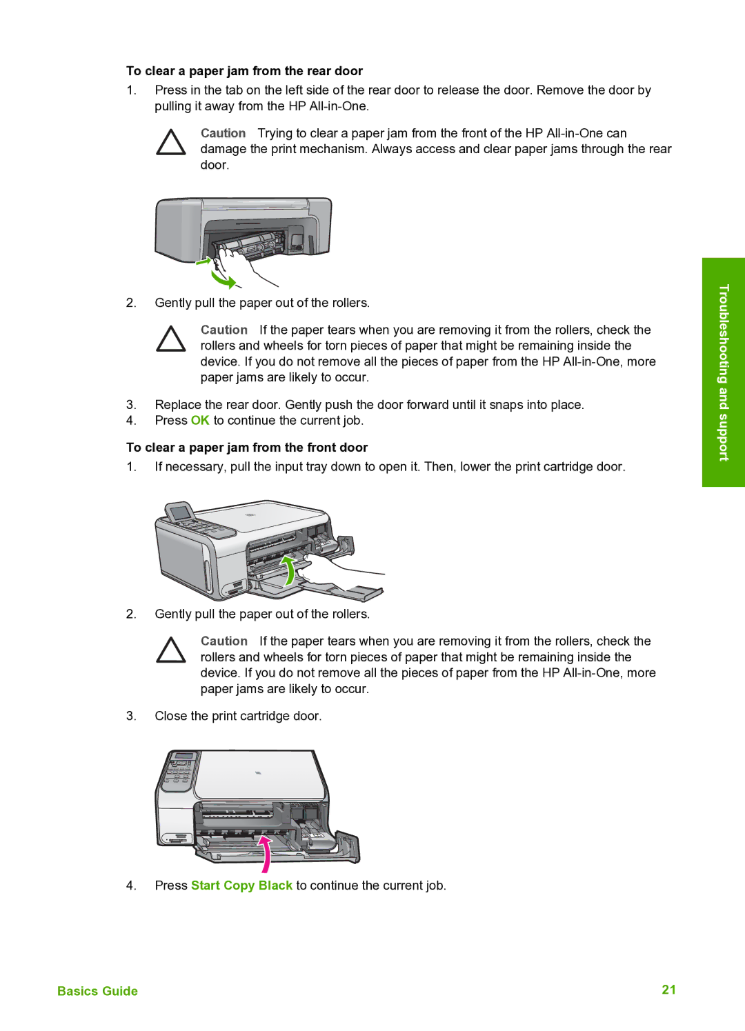 HP C4150, C4180, C4140 manual To clear a paper jam from the rear door, To clear a paper jam from the front door 