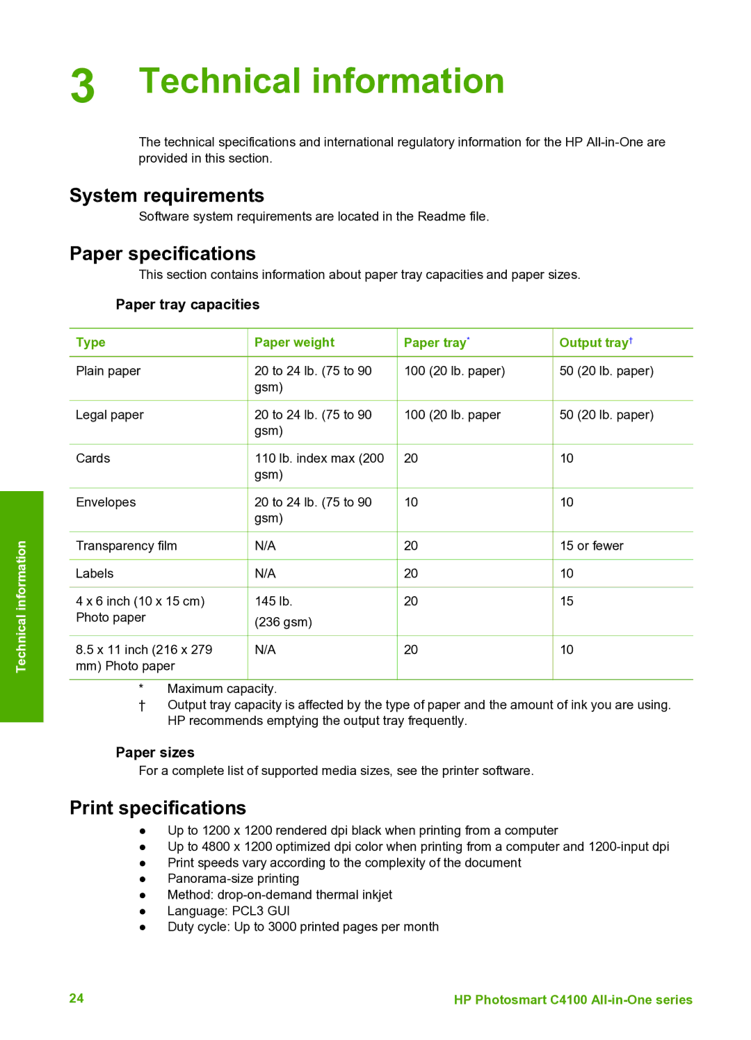 HP C4150, C4180, C4140 manual Technical information, System requirements, Paper specifications, Print specifications 