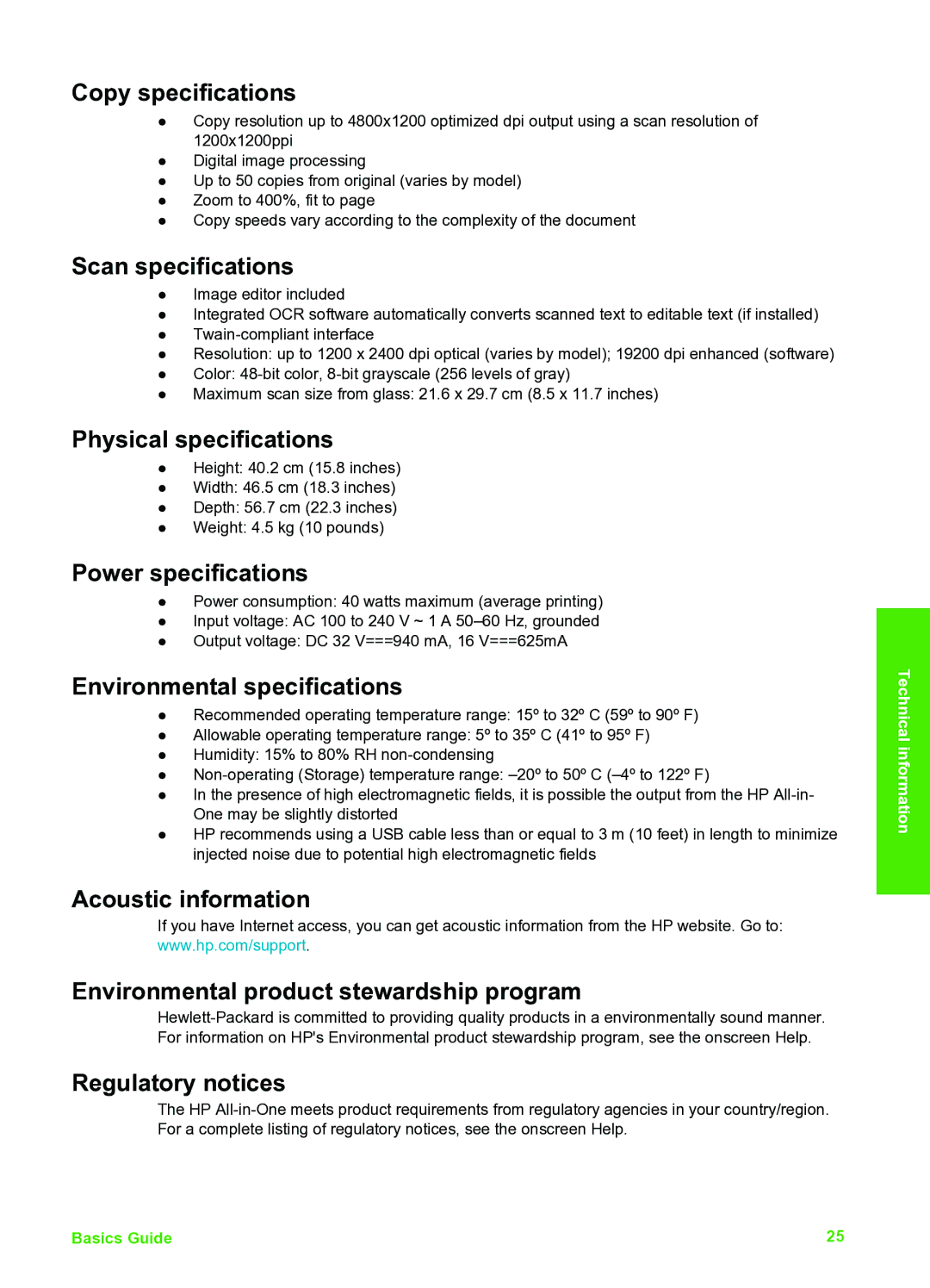 HP C4180 manual Copy specifications, Scan specifications, Physical specifications, Power specifications, Regulatory notices 