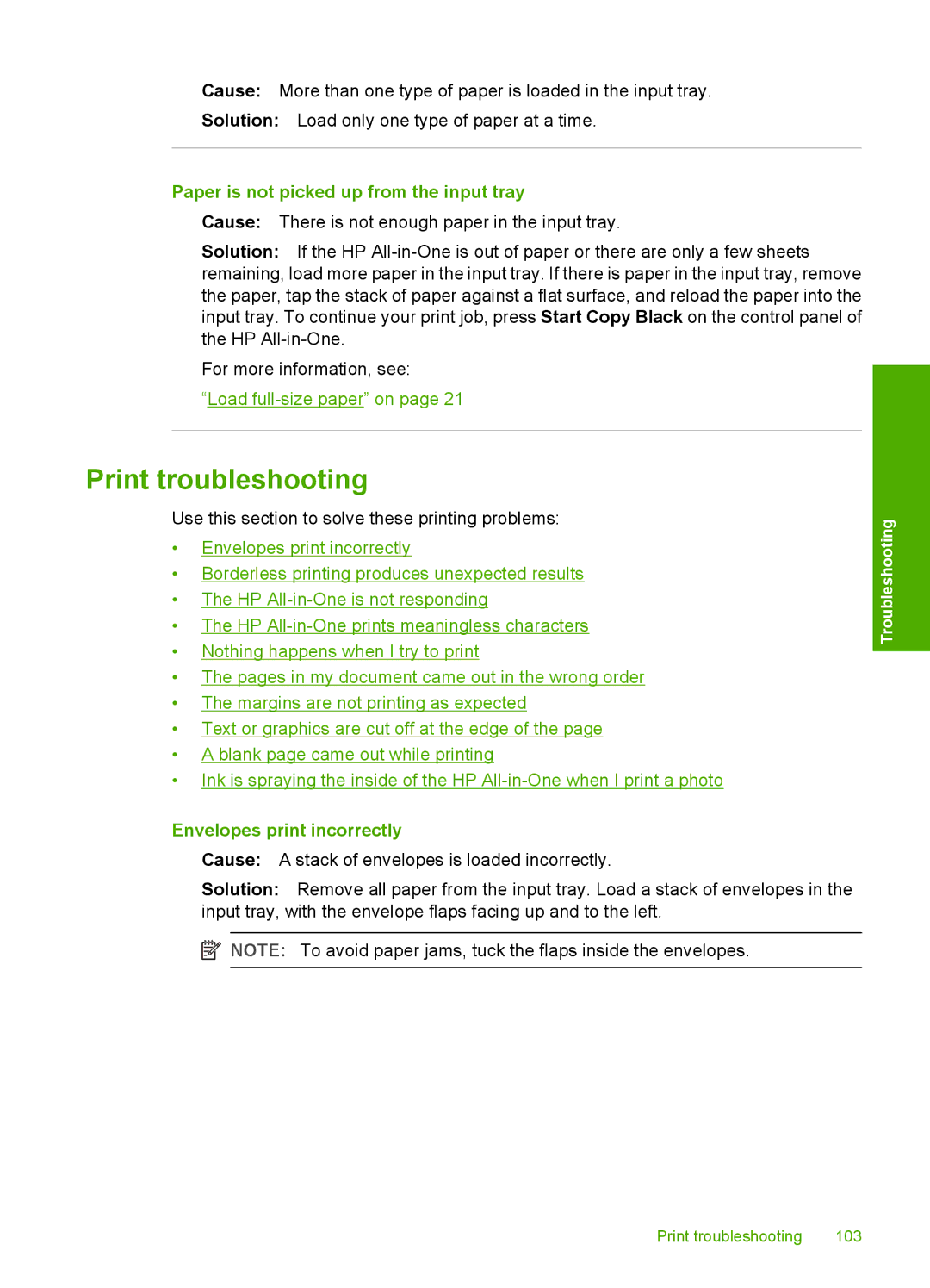 HP C4200 manual Print troubleshooting, Paper is not picked up from the input tray, Envelopes print incorrectly 