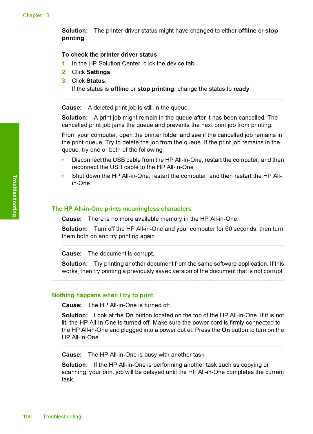 HP C4200 manual To check the printer driver status, Click Settings, HP All-in-One prints meaningless characters 