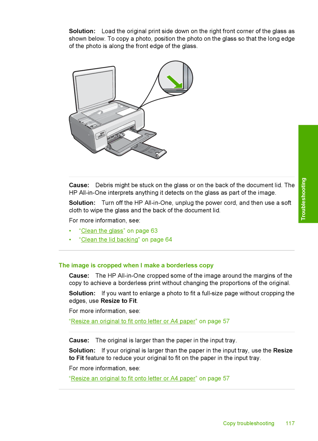 HP C4200 manual Image is cropped when I make a borderless copy, Resize an original to fit onto letter or A4 paper on 