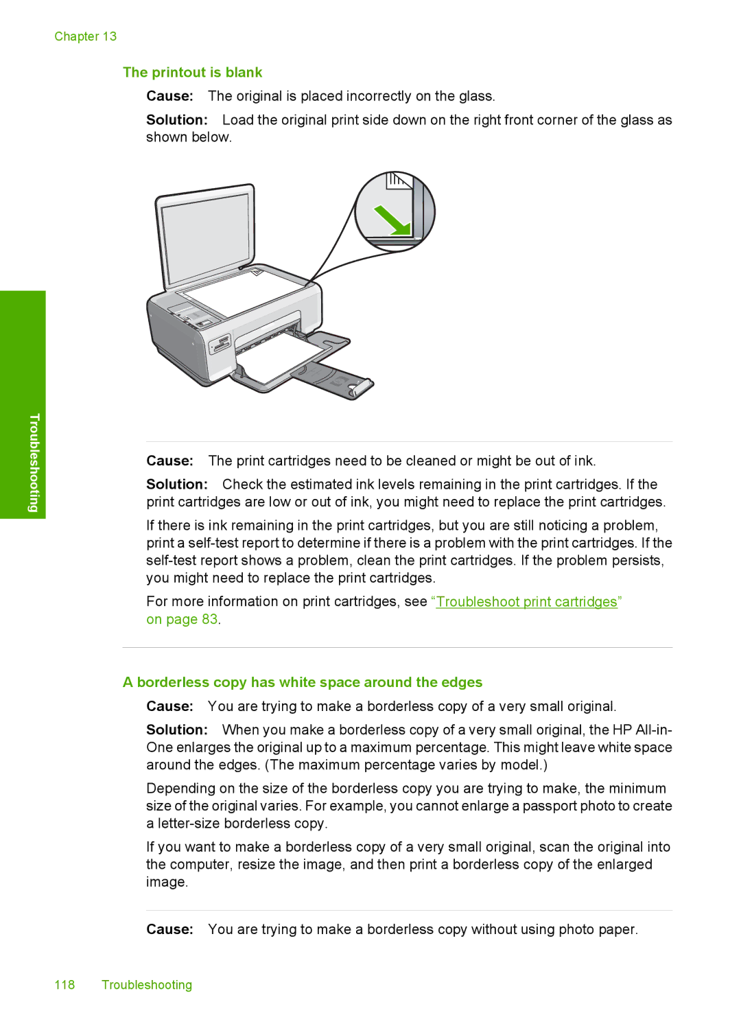 HP C4200 manual Printout is blank, Borderless copy has white space around the edges 