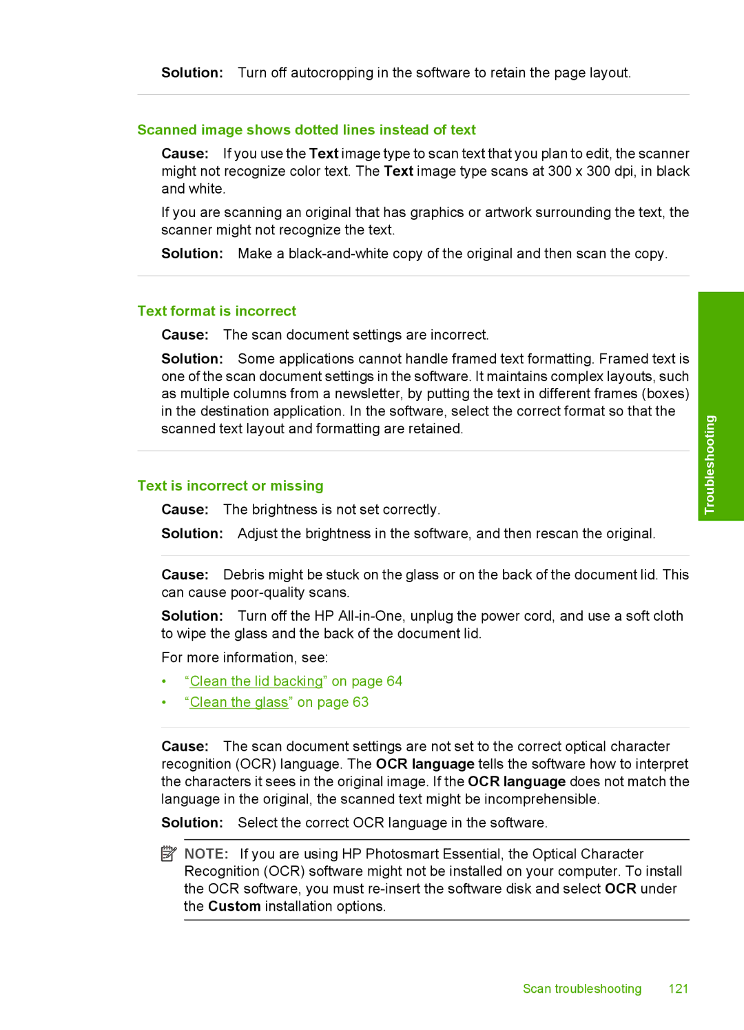 HP C4200 manual Scanned image shows dotted lines instead of text, Text format is incorrect, Text is incorrect or missing 