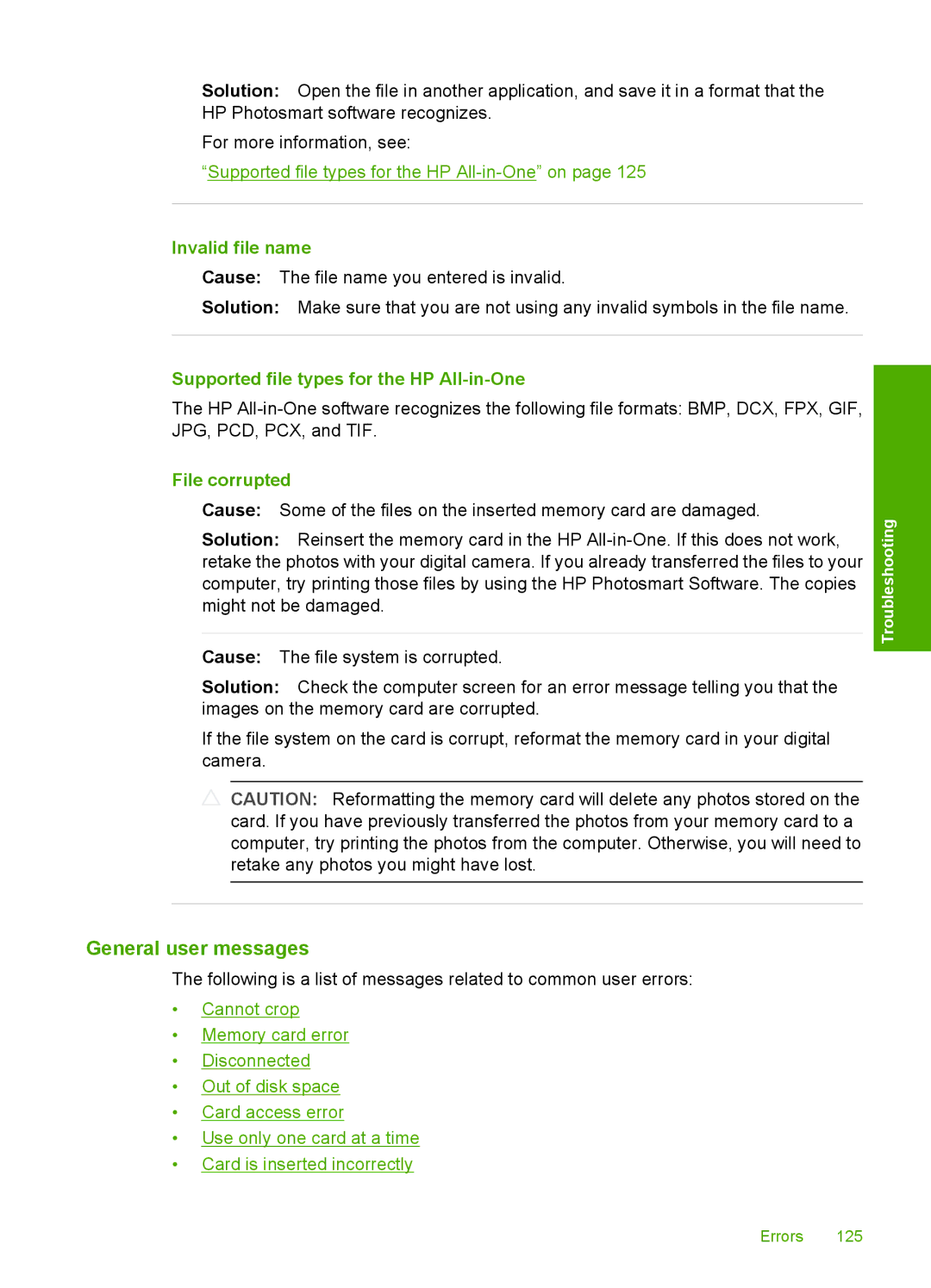 HP C4200 manual General user messages, Invalid file name, Supported file types for the HP All-in-One, File corrupted 