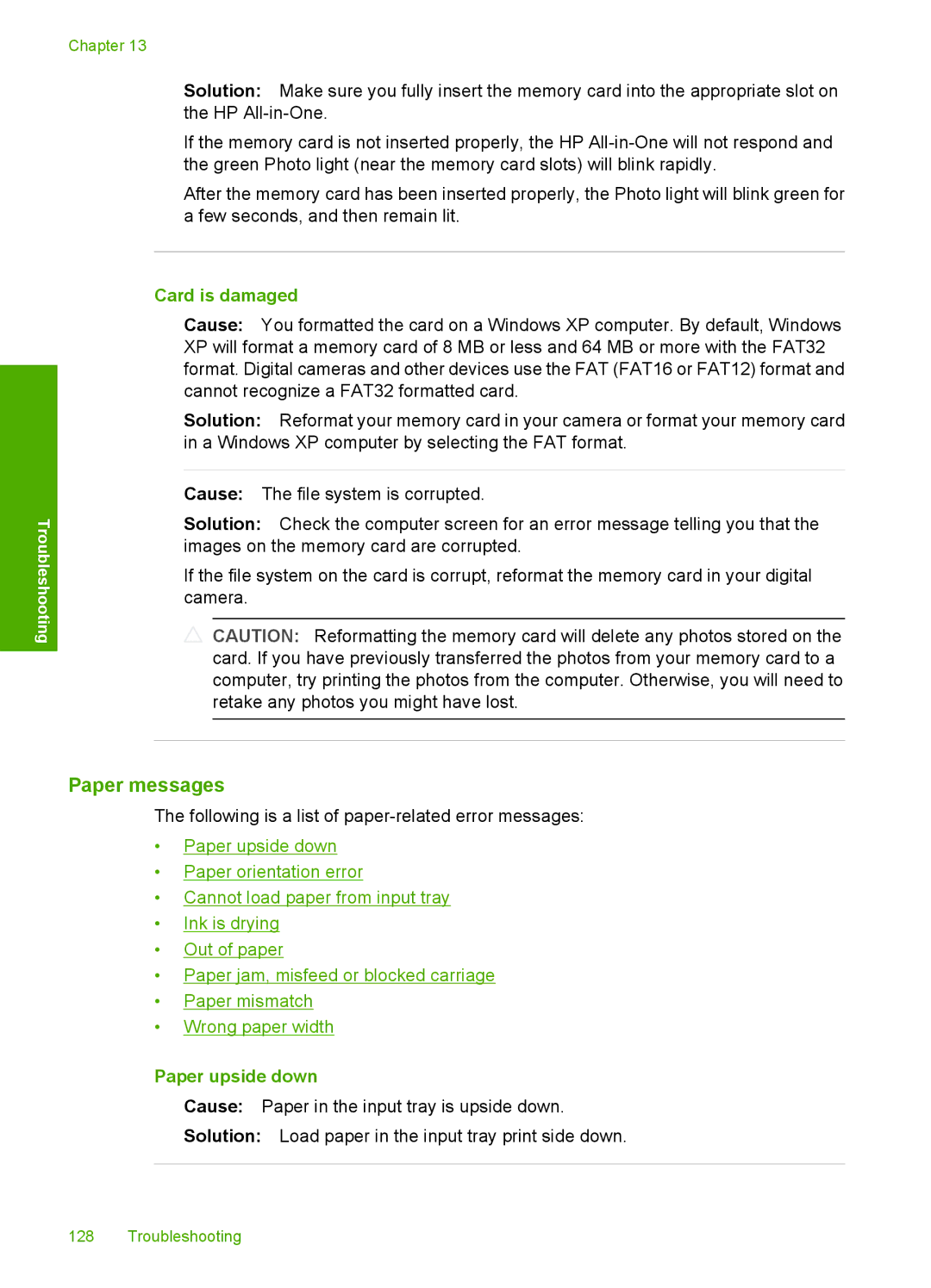 HP C4200 manual Paper messages, Card is damaged, Paper upside down 