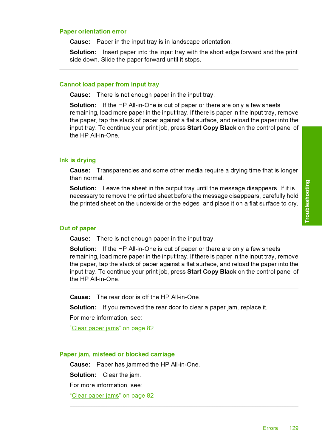 HP C4200 manual Paper orientation error, Cannot load paper from input tray, Ink is drying, Out of paper 