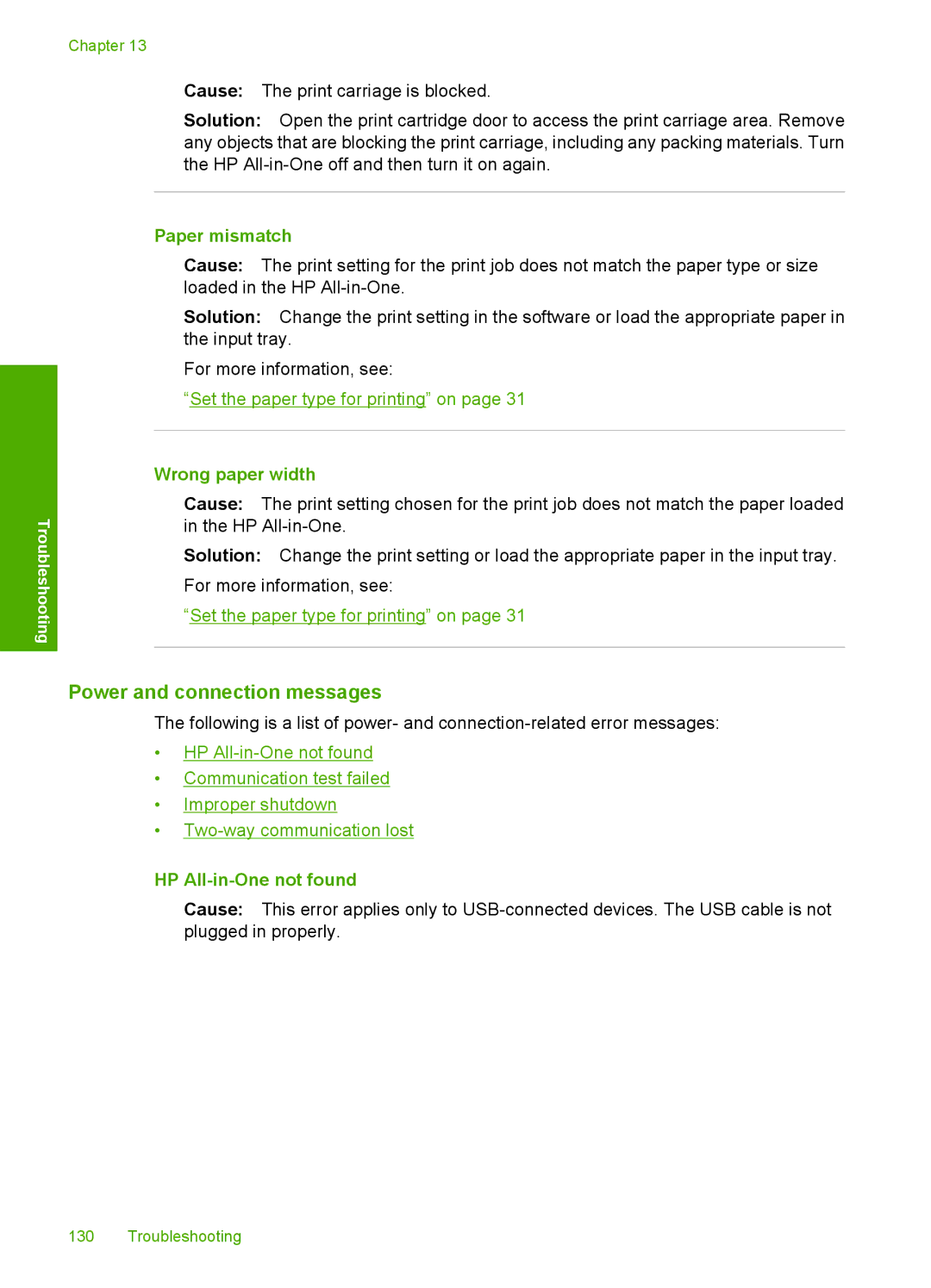 HP C4200 manual Power and connection messages, Paper mismatch, Wrong paper width, HP All-in-One not found 