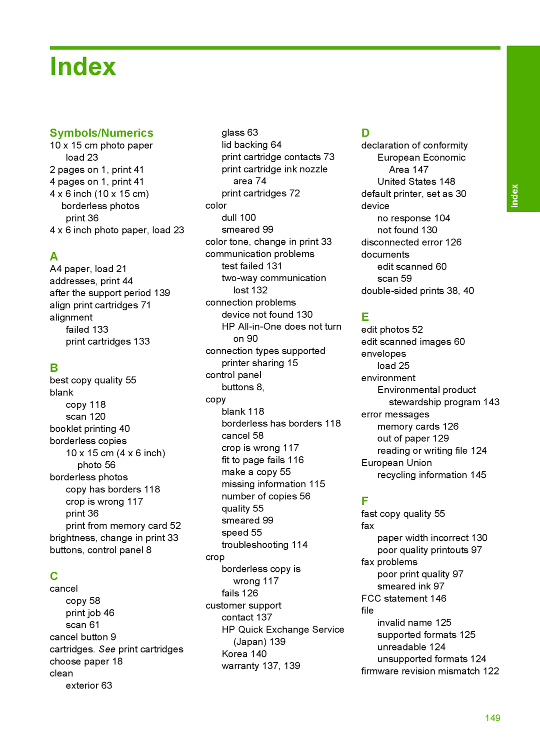 HP C4200 manual Index, Symbols/Numerics 