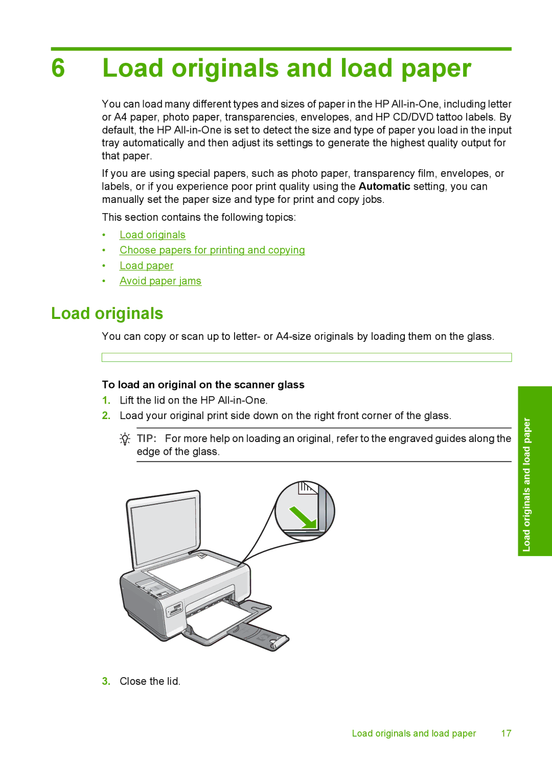 HP C4200 manual Load originals and load paper, To load an original on the scanner glass 